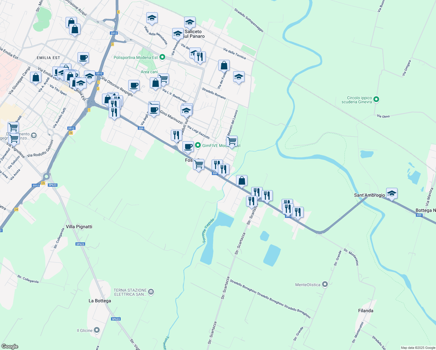 map of restaurants, bars, coffee shops, grocery stores, and more near 1326 Via Emilia Est in Modena