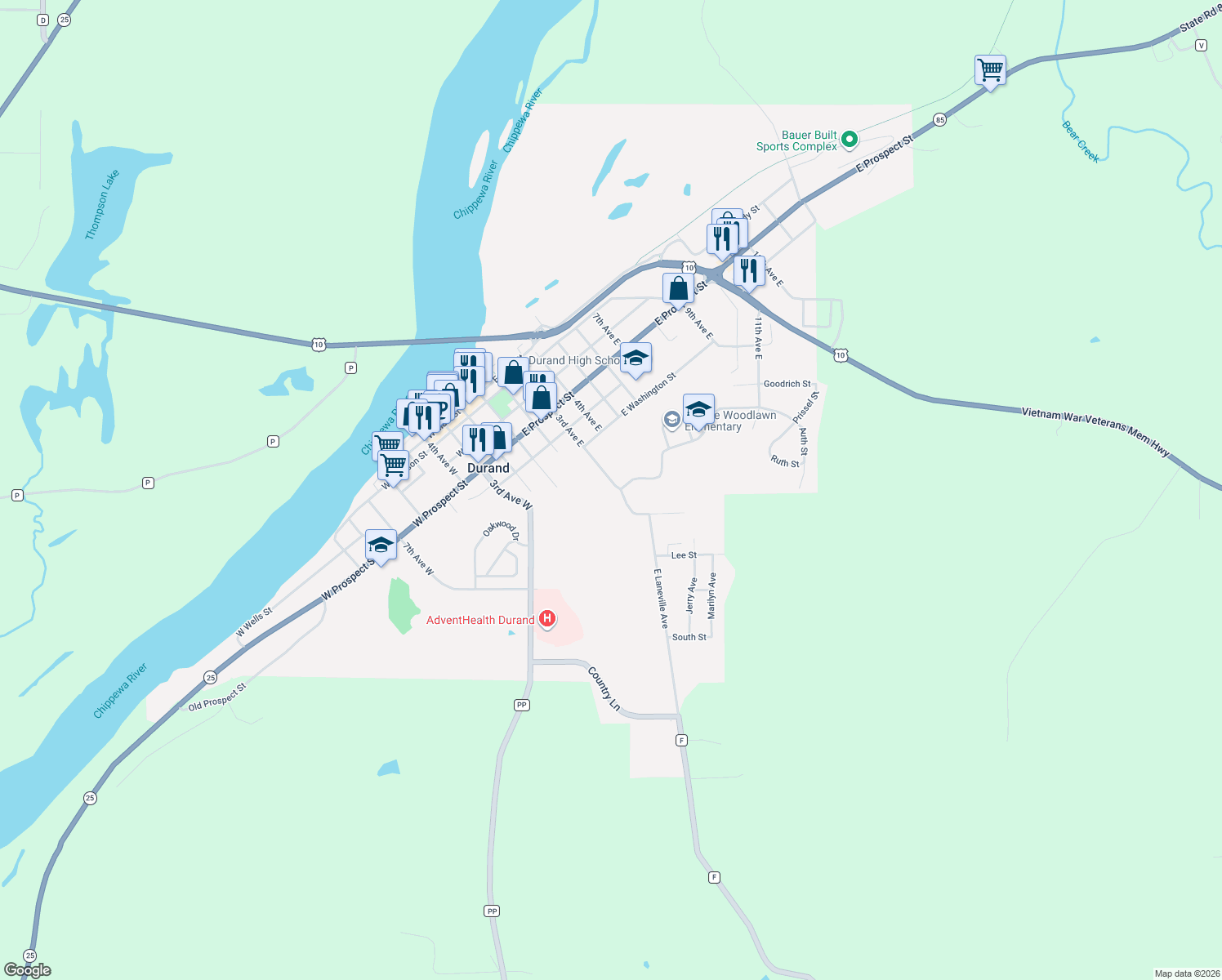 map of restaurants, bars, coffee shops, grocery stores, and more near 825 3rd Avenue East in Durand
