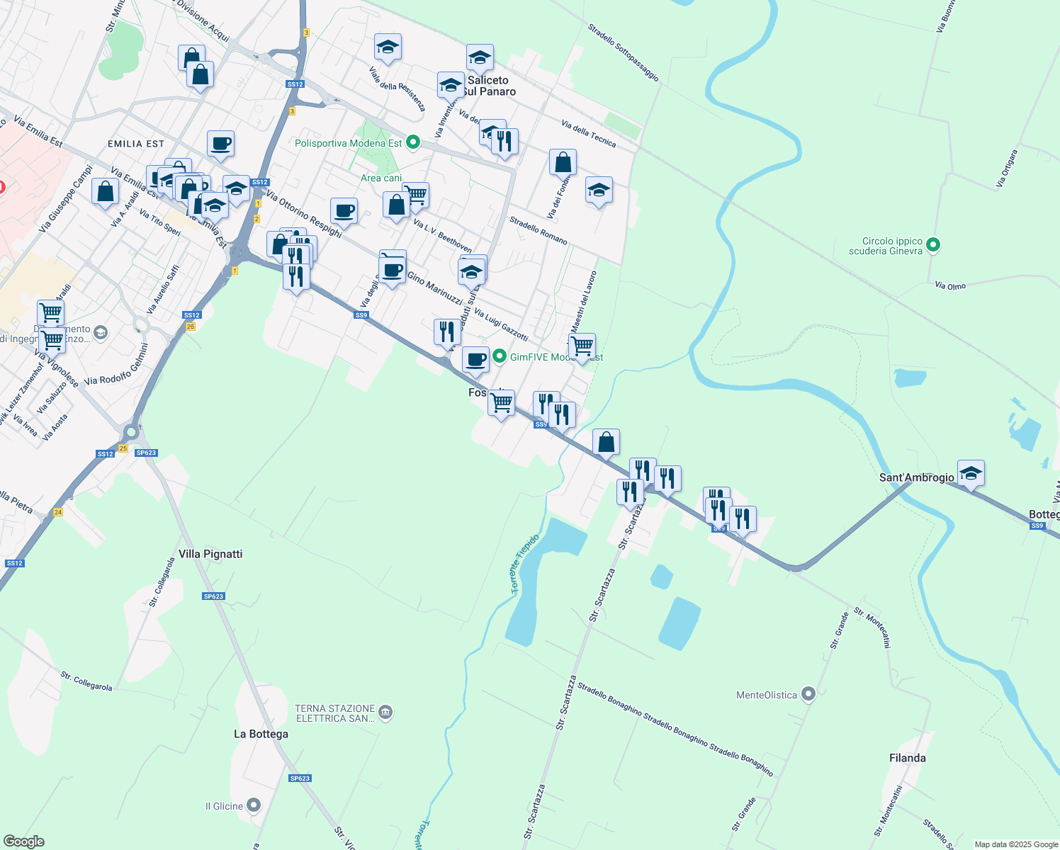 map of restaurants, bars, coffee shops, grocery stores, and more near 1326 Via Emilia Est in Modena