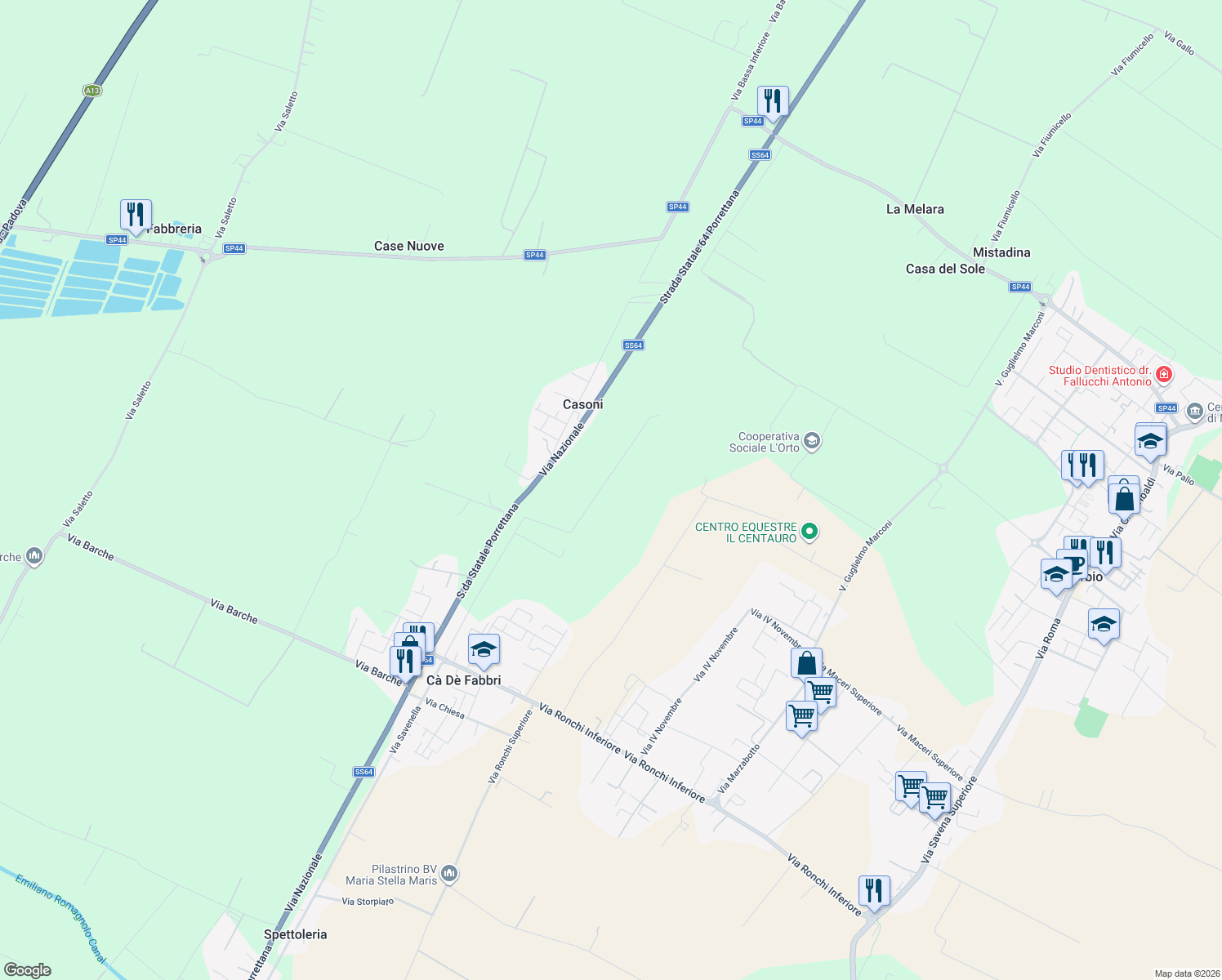 map of restaurants, bars, coffee shops, grocery stores, and more near 33 Via Canaletto in Malalbergo