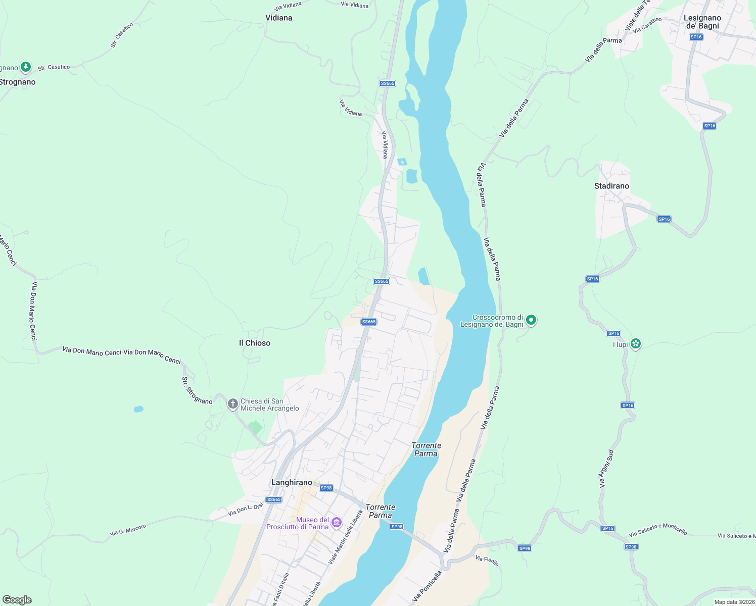 map of restaurants, bars, coffee shops, grocery stores, and more near Strada Provinciale 6 in Langhirano