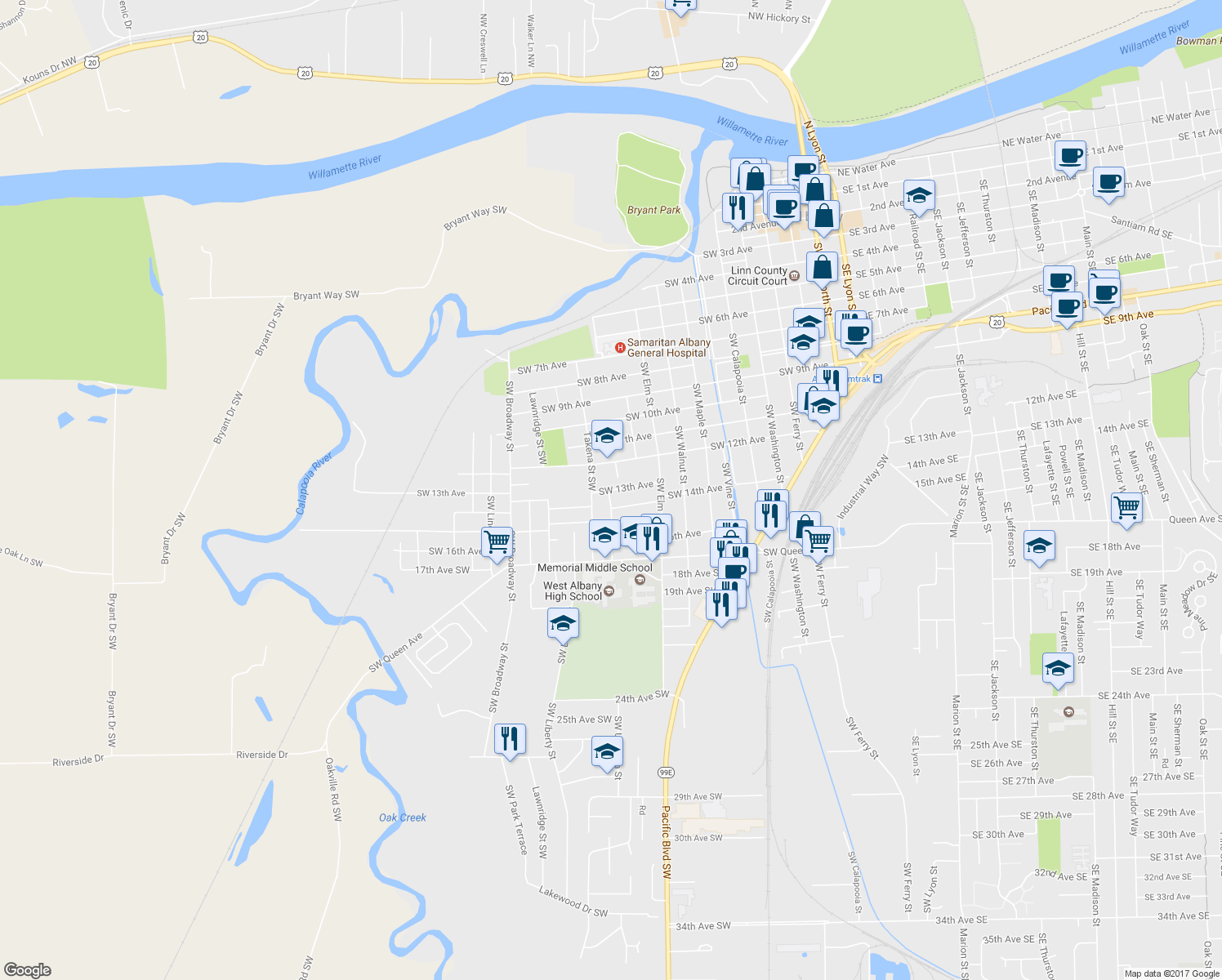 map of restaurants, bars, coffee shops, grocery stores, and more near 1085 Southwest 13th Avenue in Albany