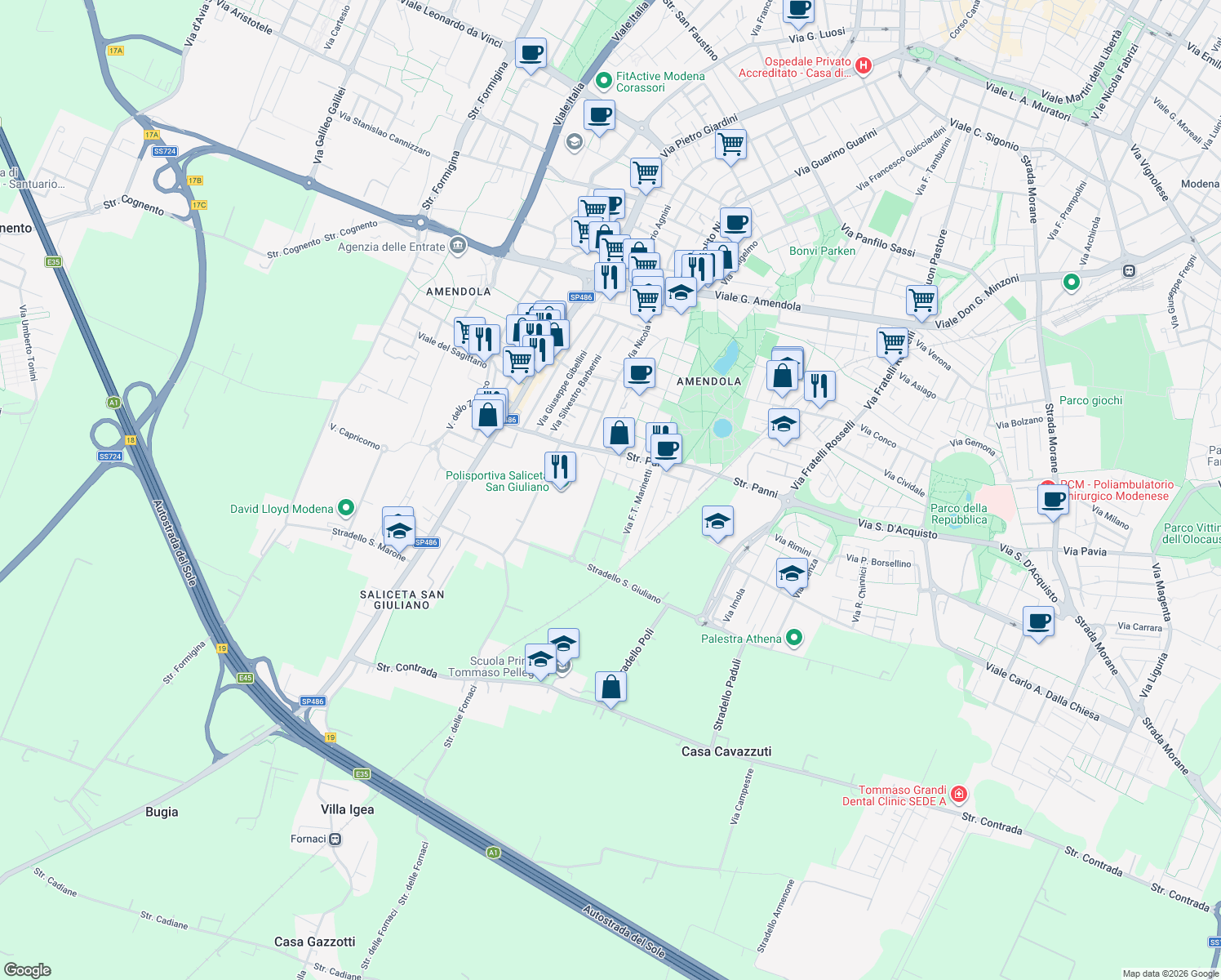 map of restaurants, bars, coffee shops, grocery stores, and more near 55 Via Renato Guttuso in Modena