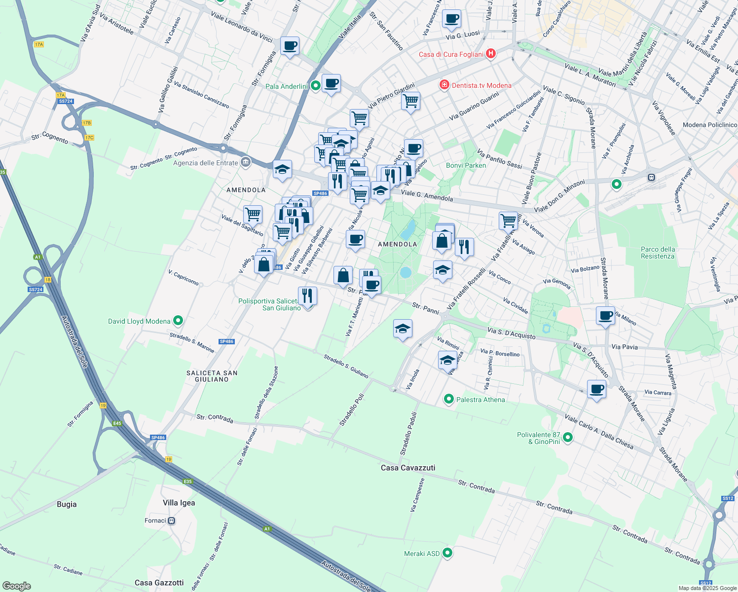 map of restaurants, bars, coffee shops, grocery stores, and more near 40 Via Alessandro Coppi in Modena