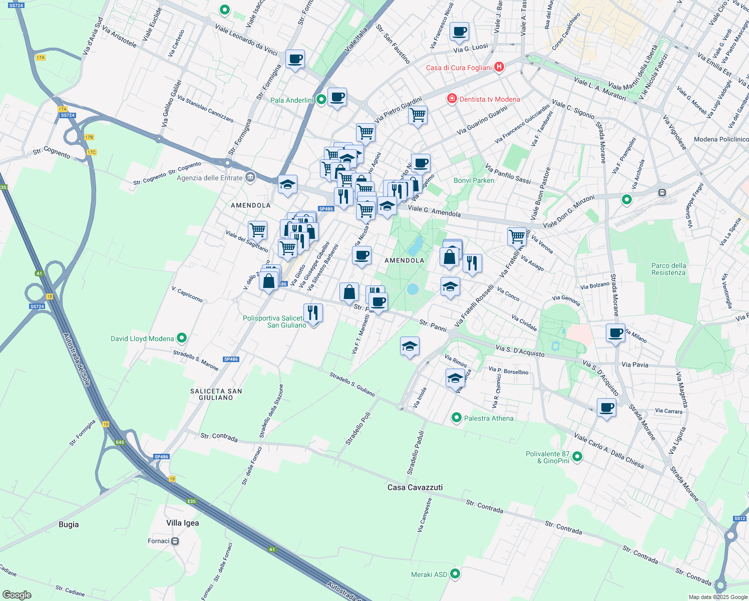 map of restaurants, bars, coffee shops, grocery stores, and more near 40 Via Alessandro Coppi in Modena