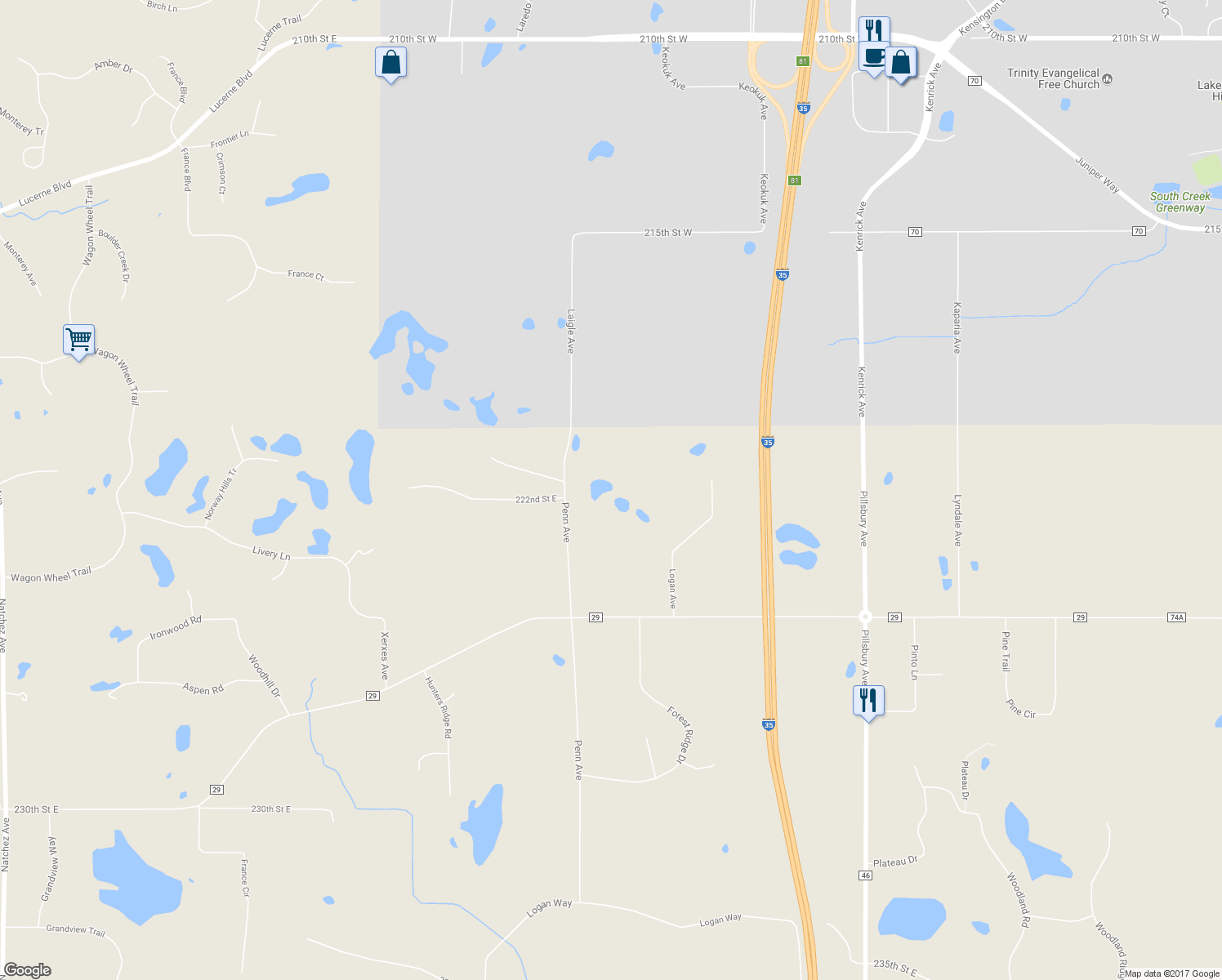 map of restaurants, bars, coffee shops, grocery stores, and more near 22191 Penn Avenue in Lakeville