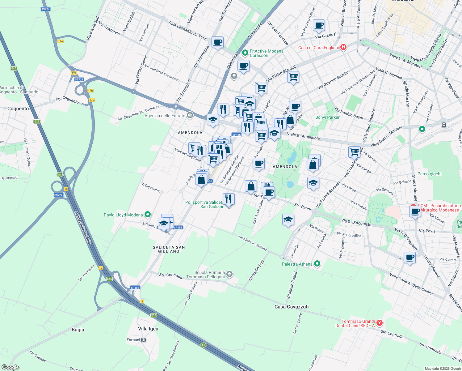 map of restaurants, bars, coffee shops, grocery stores, and more near 76 Strada Panni in Modena