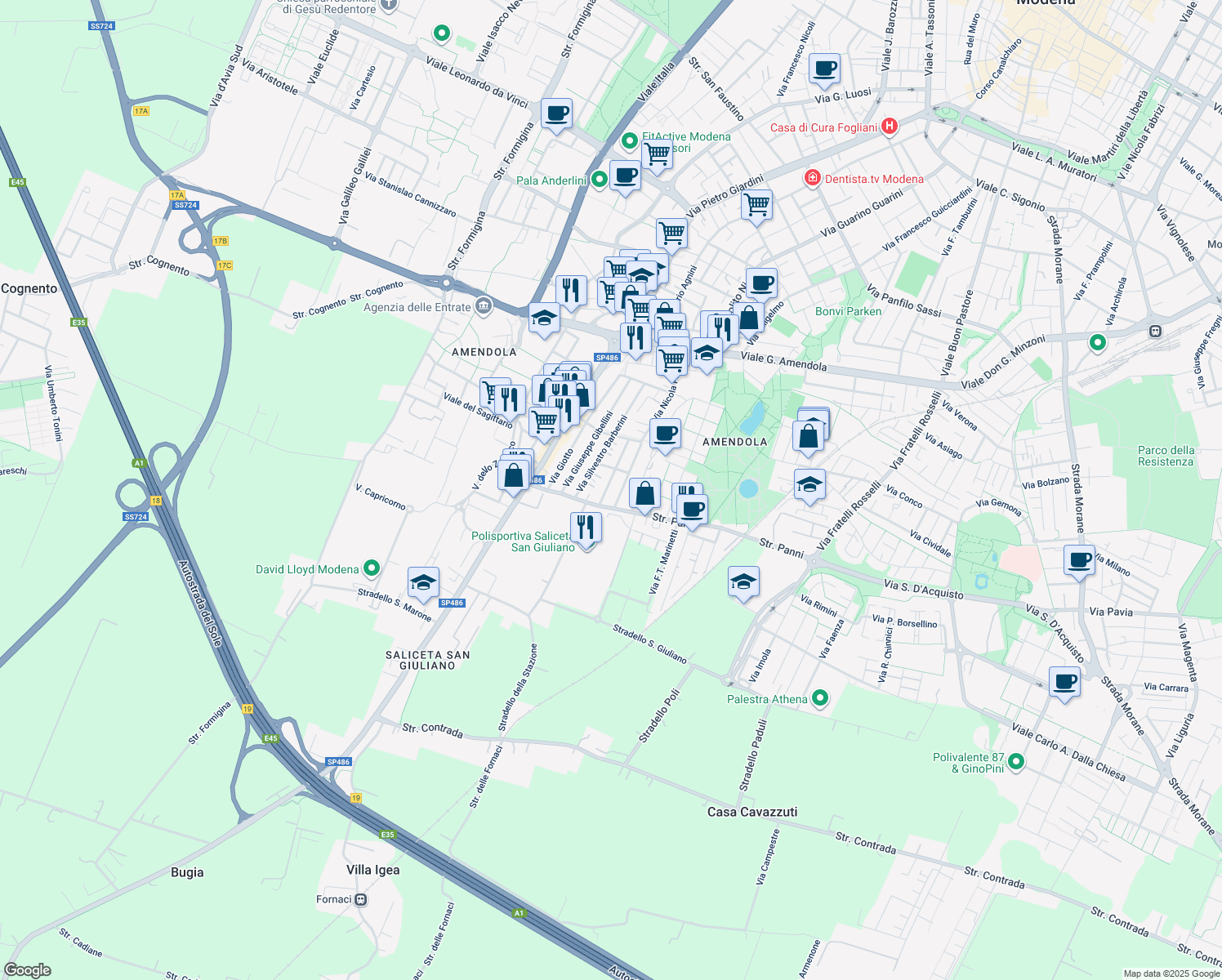 map of restaurants, bars, coffee shops, grocery stores, and more near 24 Via Antonio Consetti in Modena