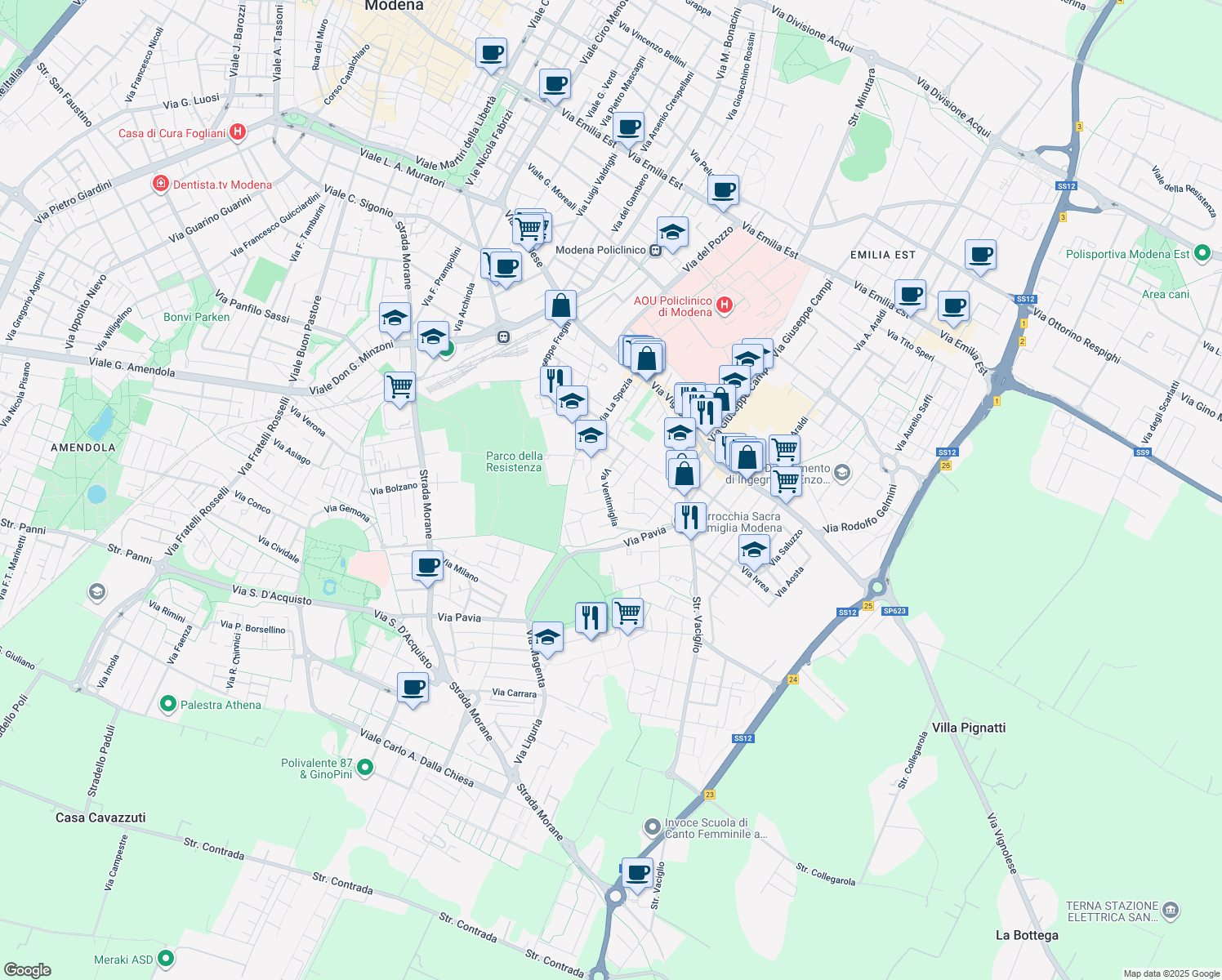 map of restaurants, bars, coffee shops, grocery stores, and more near 55-73 Via Ventimiglia in Modena