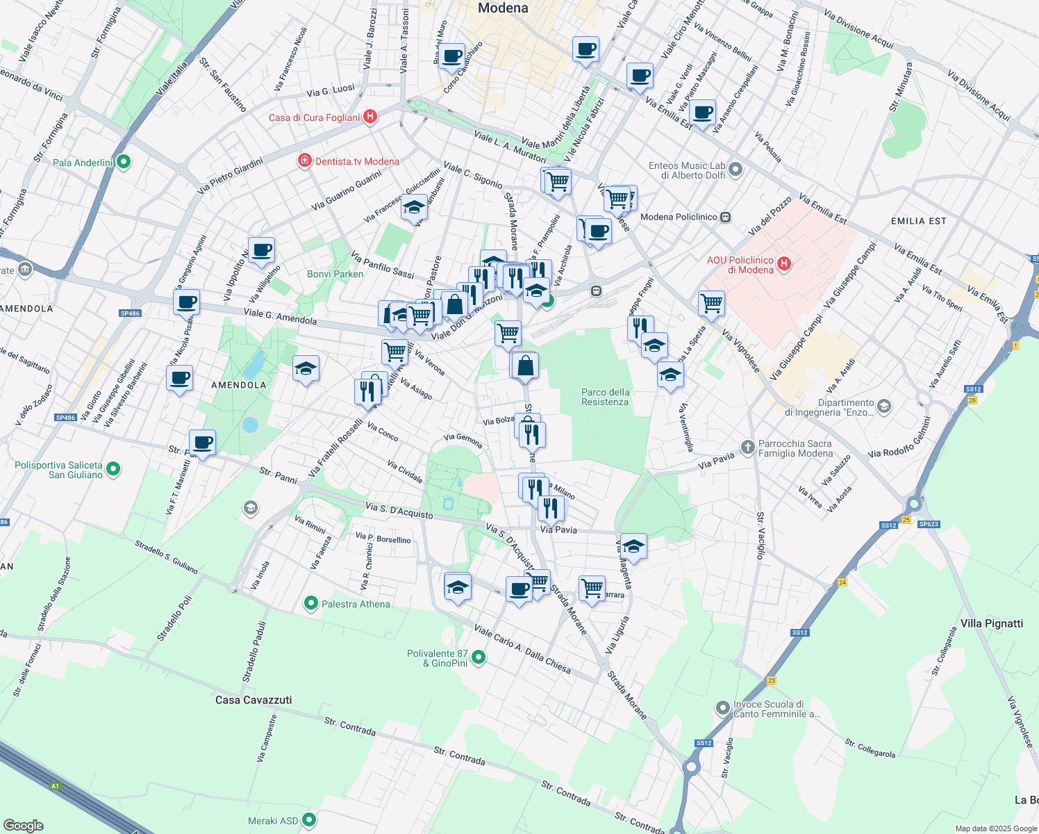 map of restaurants, bars, coffee shops, grocery stores, and more near 17 Via Bartolomeo de Polli in Modena