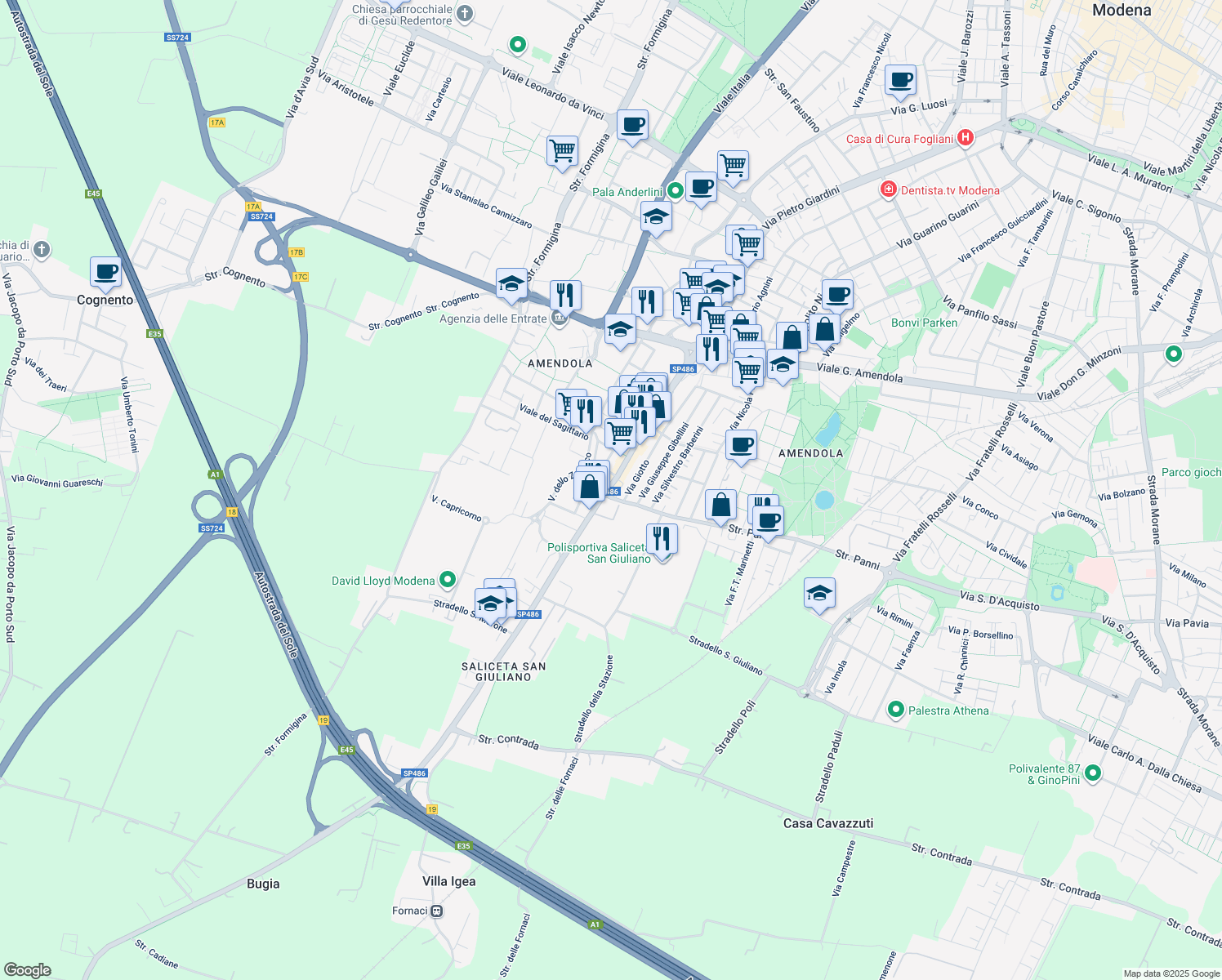 map of restaurants, bars, coffee shops, grocery stores, and more near 791 Via Pietro Giardini in Modena