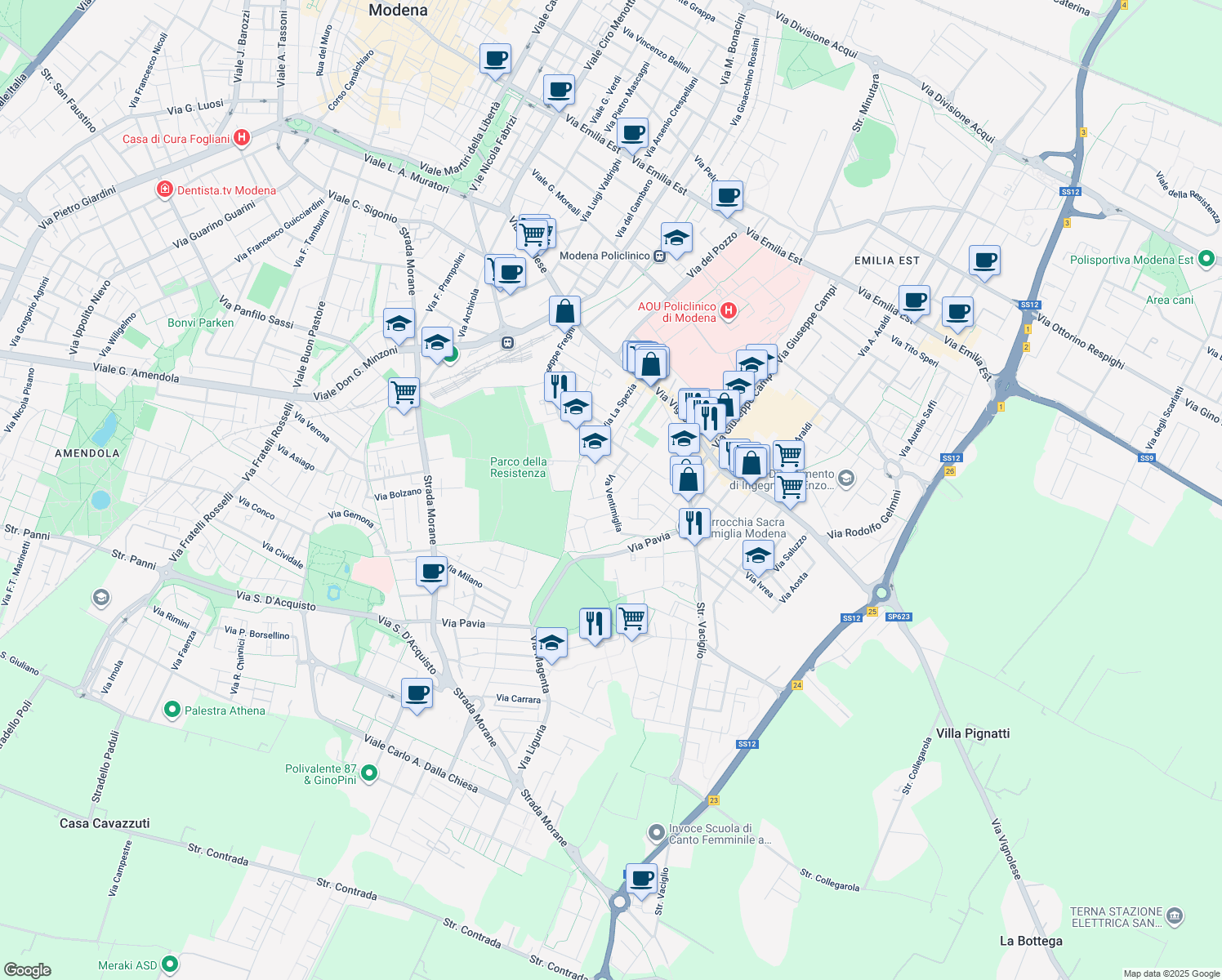 map of restaurants, bars, coffee shops, grocery stores, and more near 73 Via Ventimiglia in Modena