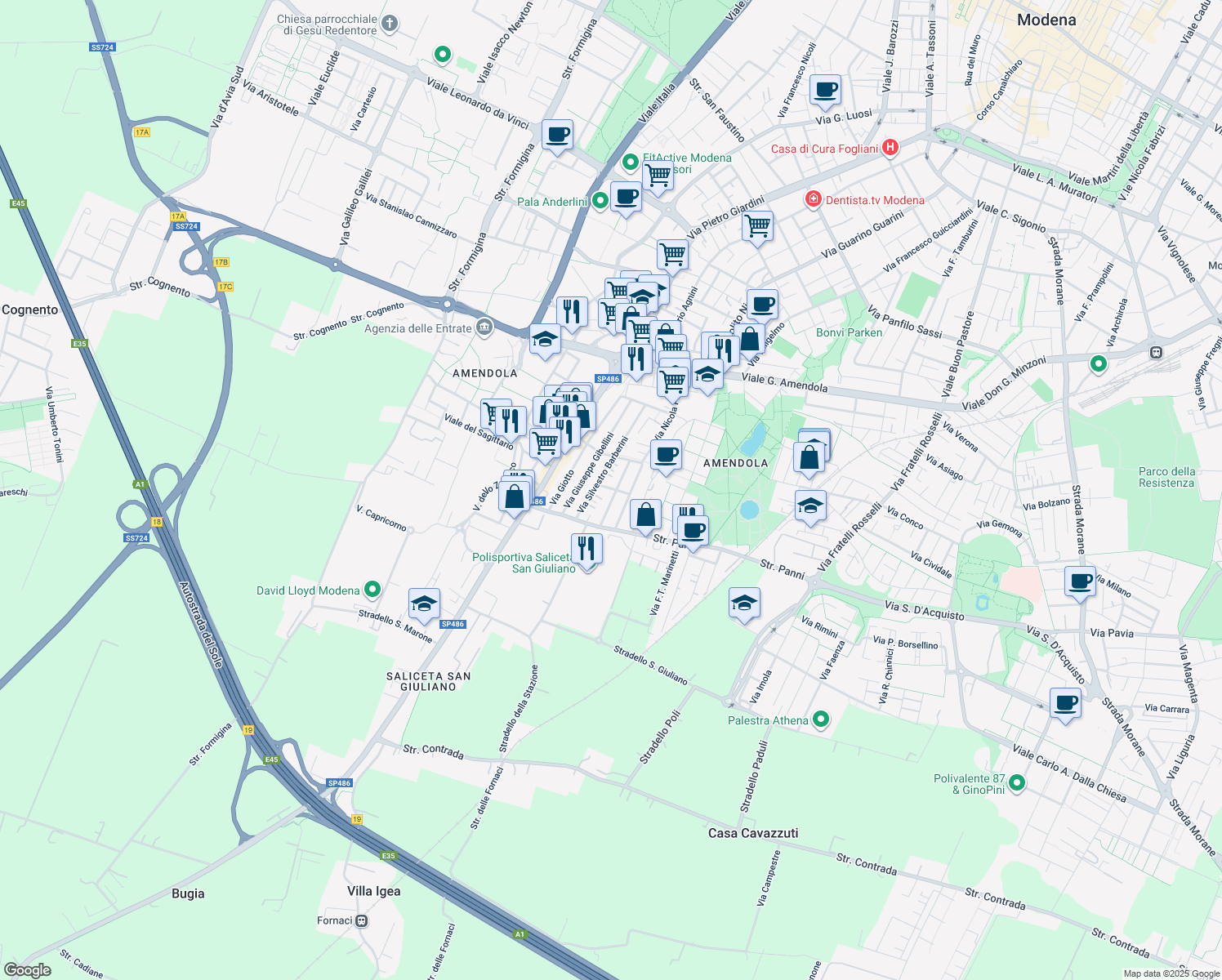 map of restaurants, bars, coffee shops, grocery stores, and more near 24 Via Antonio Consetti in Modena