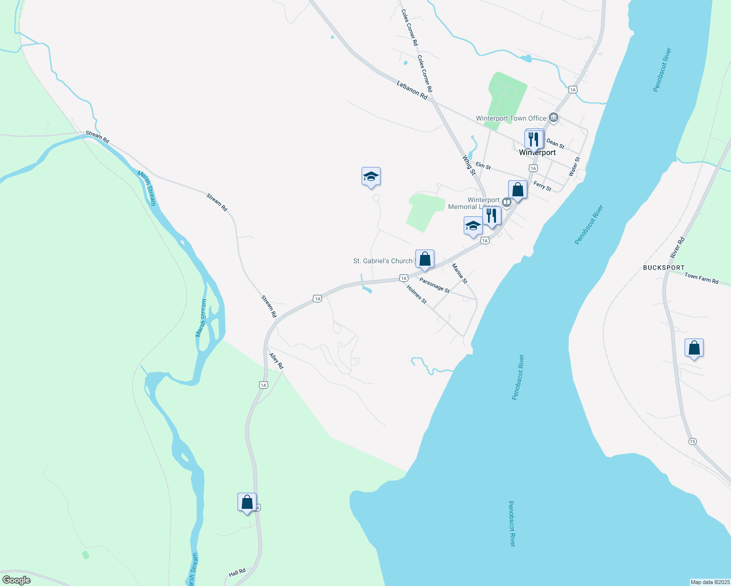 map of restaurants, bars, coffee shops, grocery stores, and more near 520 South Main Street in Winterport