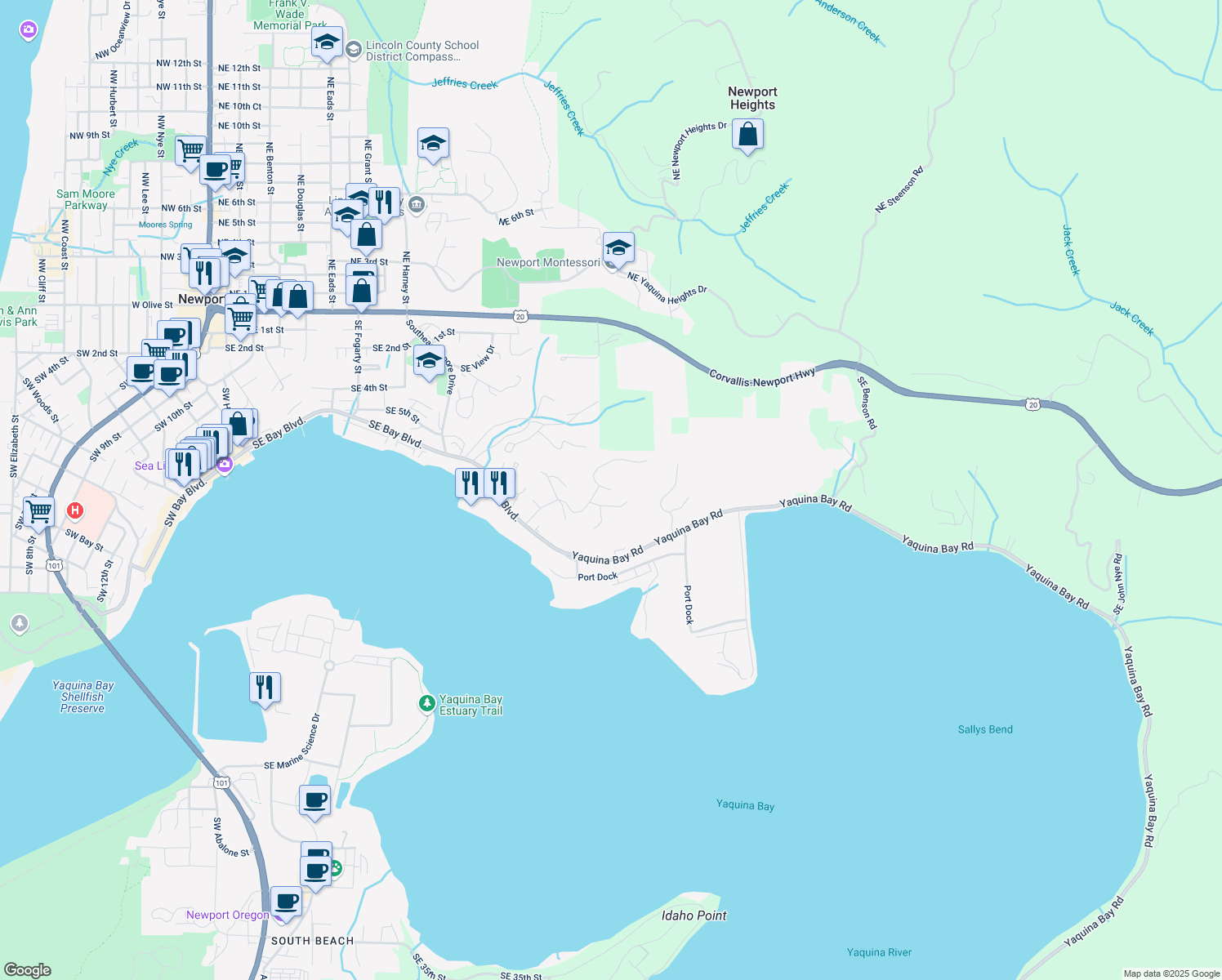 map of restaurants, bars, coffee shops, grocery stores, and more near 1498 Vista Ct in Newport