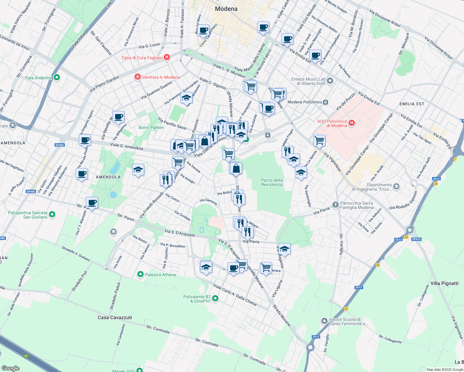 map of restaurants, bars, coffee shops, grocery stores, and more near 17 Via Bartolomeo De' Polli in Modena