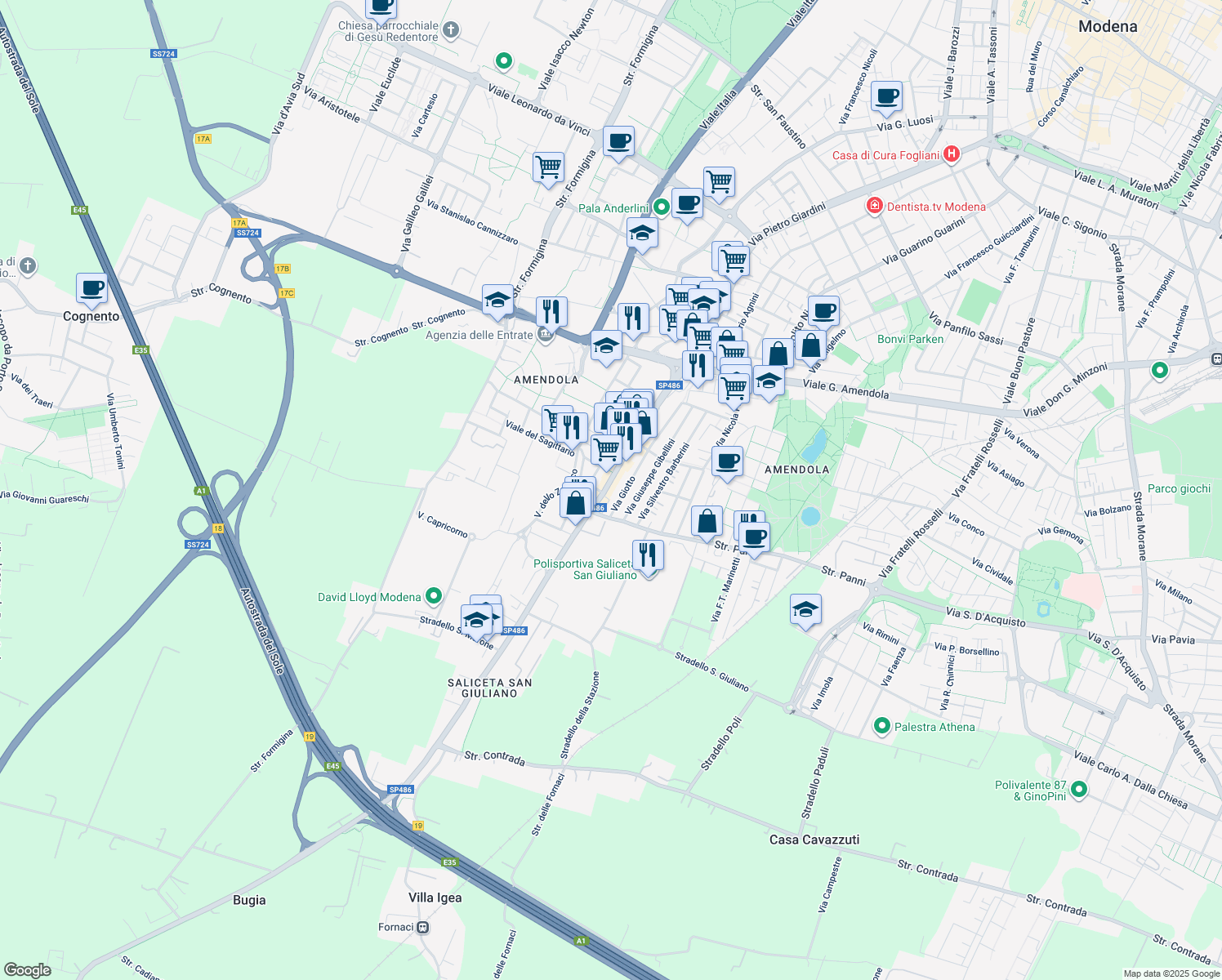 map of restaurants, bars, coffee shops, grocery stores, and more near 791 Via Pietro Giardini in Modena
