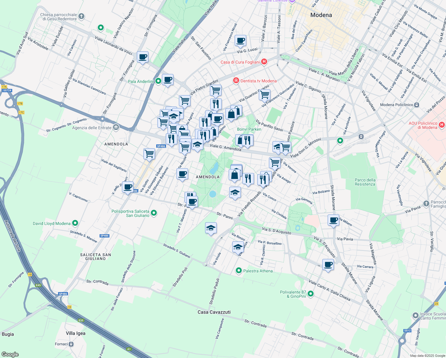 map of restaurants, bars, coffee shops, grocery stores, and more near 2-52 Via Simone Martini in Modena