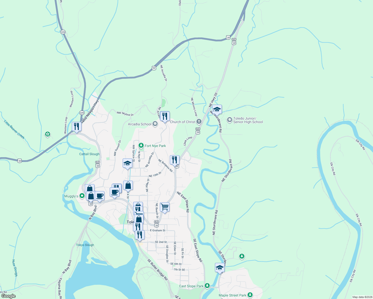 map of restaurants, bars, coffee shops, grocery stores, and more near 1823 Toledo Frontage Rd NE in Toledo