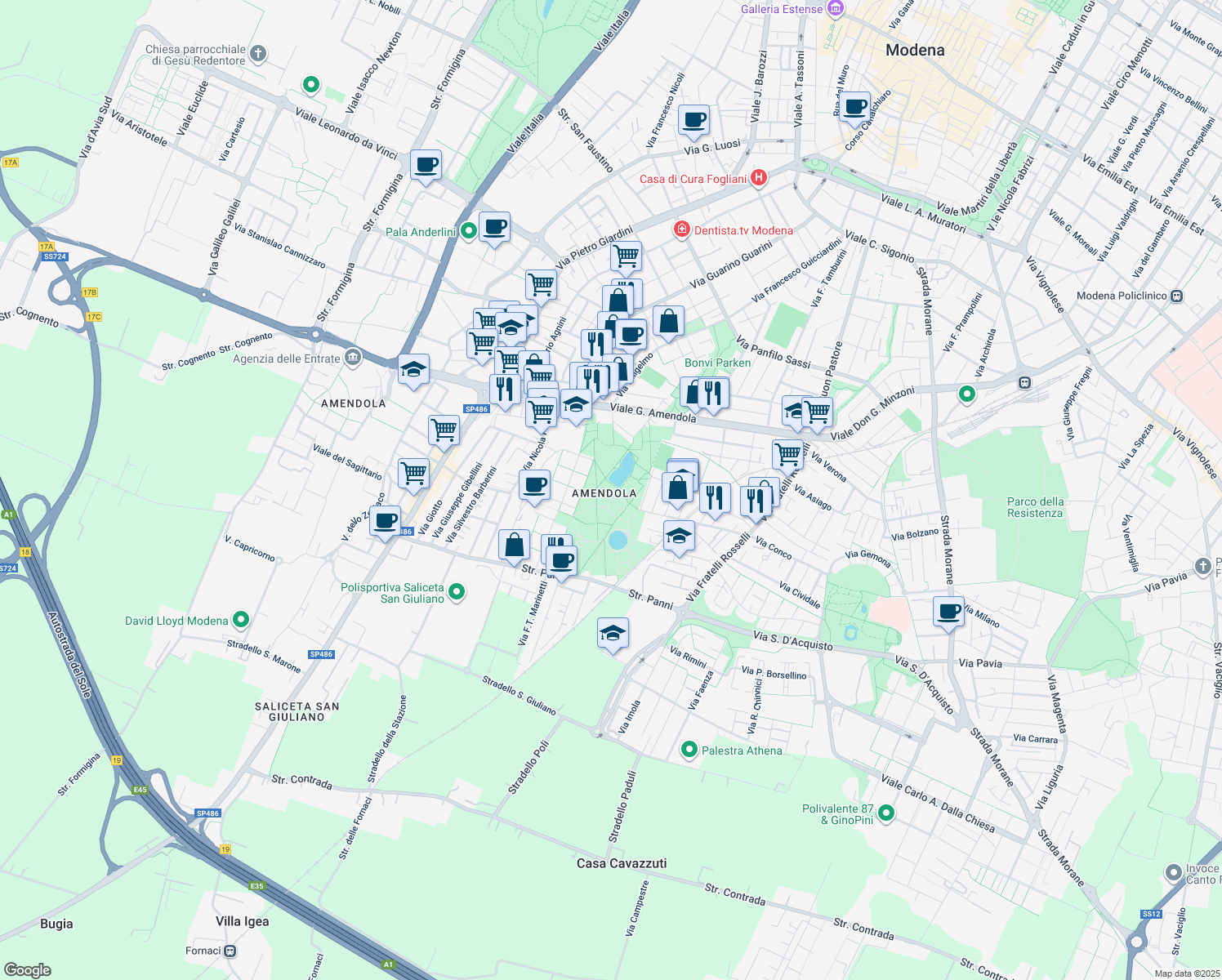 map of restaurants, bars, coffee shops, grocery stores, and more near 52 Via Simone Martini in Modena