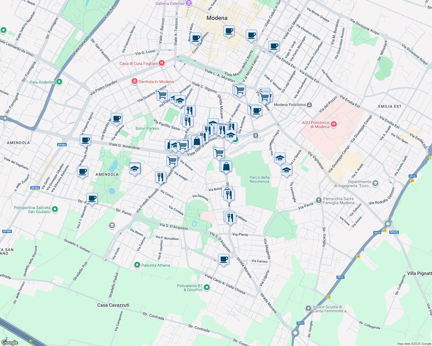 map of restaurants, bars, coffee shops, grocery stores, and more near 72 Via Udine in Modena