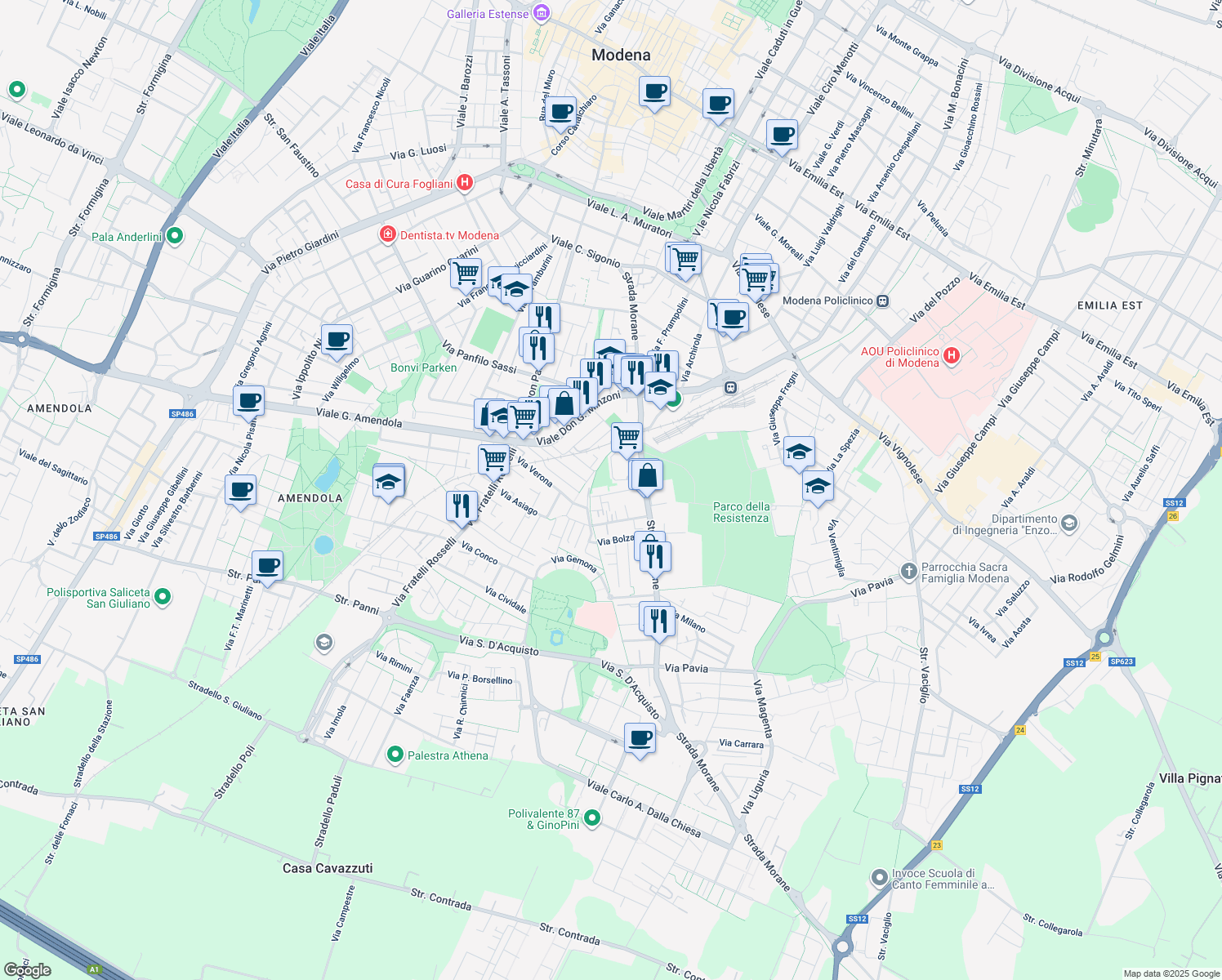 map of restaurants, bars, coffee shops, grocery stores, and more near 72 Via Udine in Modena