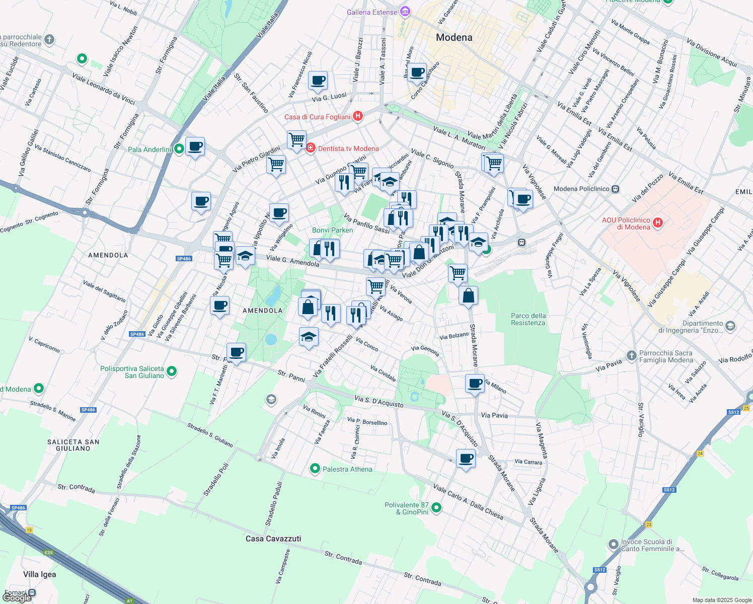 map of restaurants, bars, coffee shops, grocery stores, and more near 98 Via Fratelli Rosselli in Modena