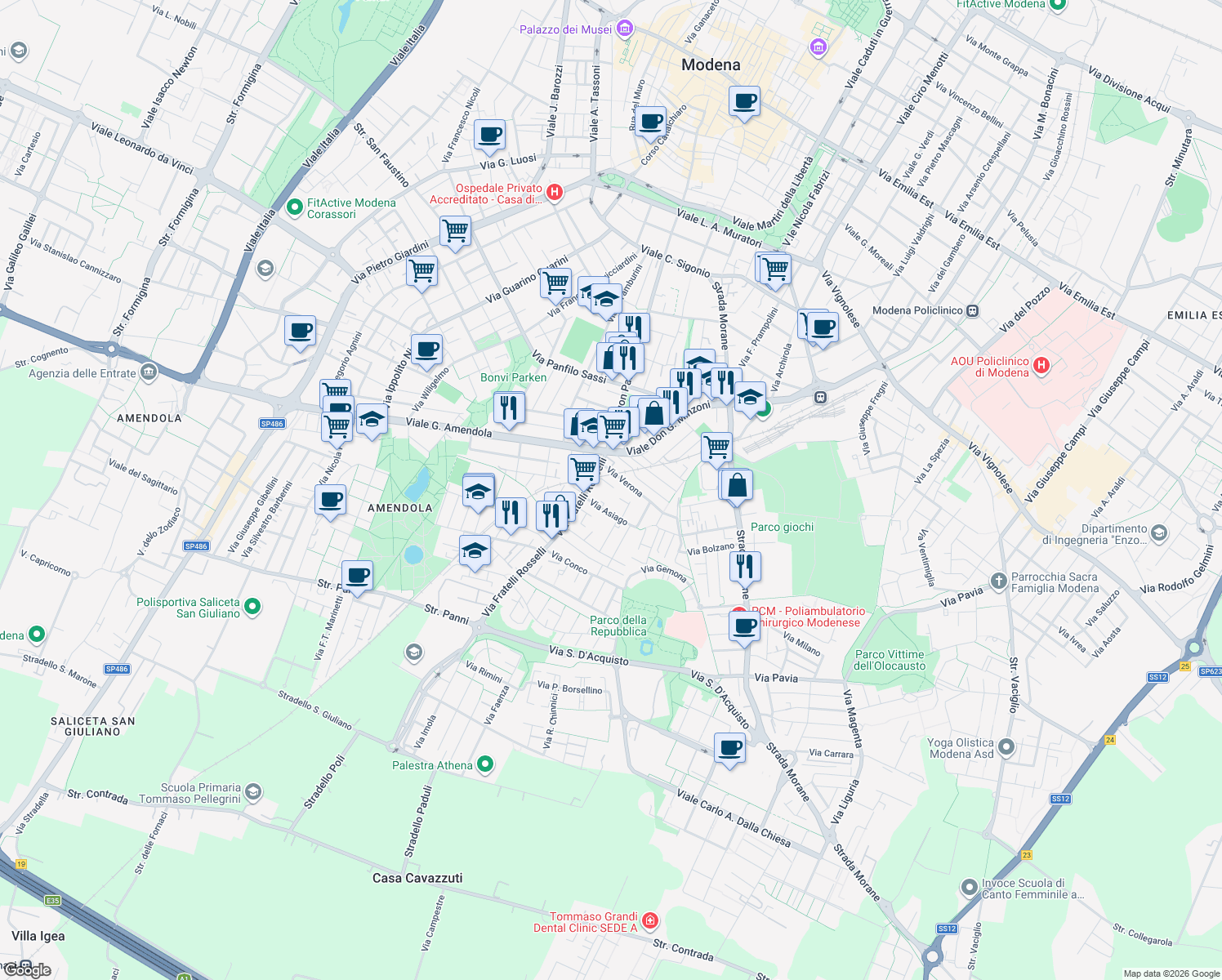 map of restaurants, bars, coffee shops, grocery stores, and more near 40 Via Murano in Modena