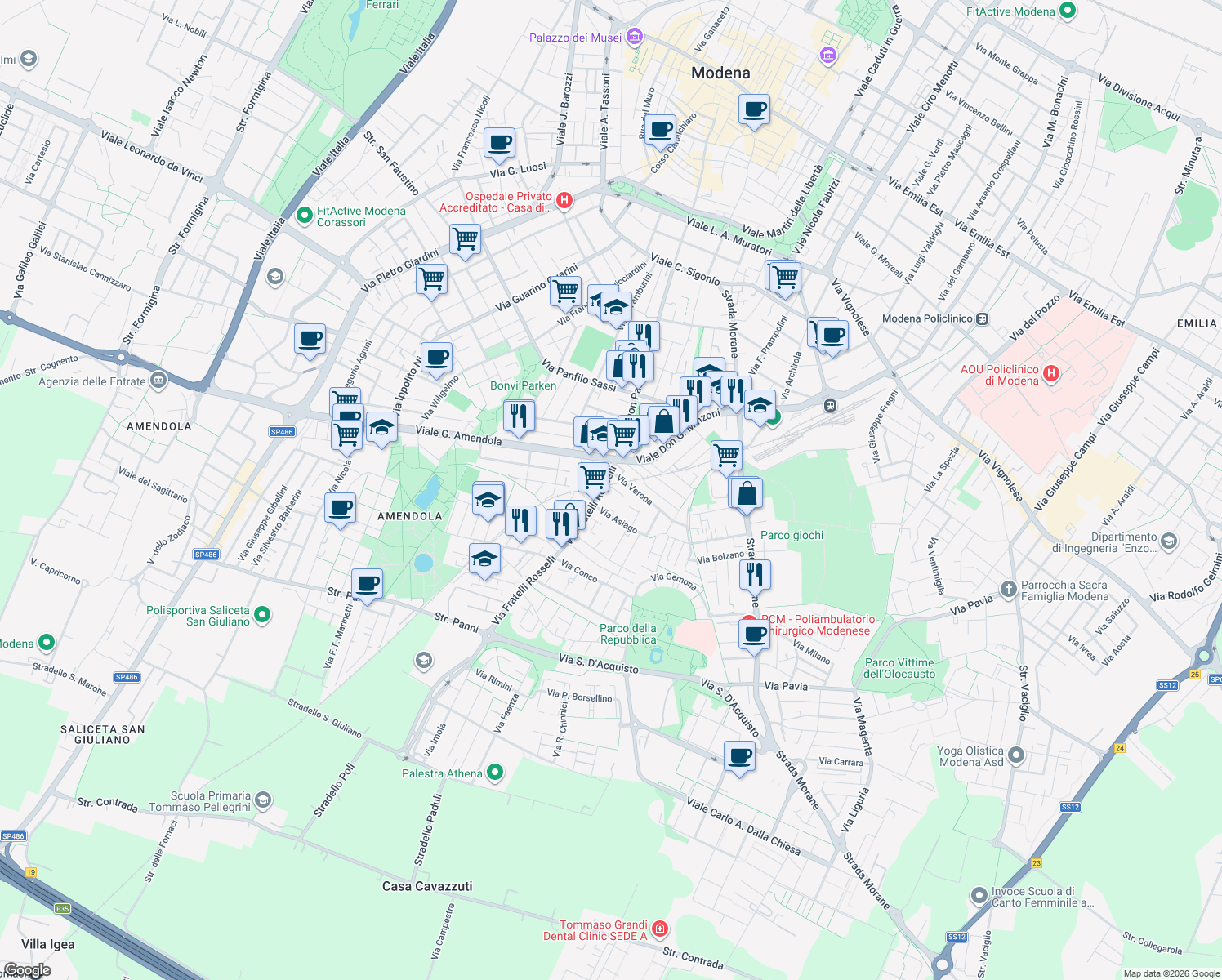 map of restaurants, bars, coffee shops, grocery stores, and more near 40 Via Murano in Modena