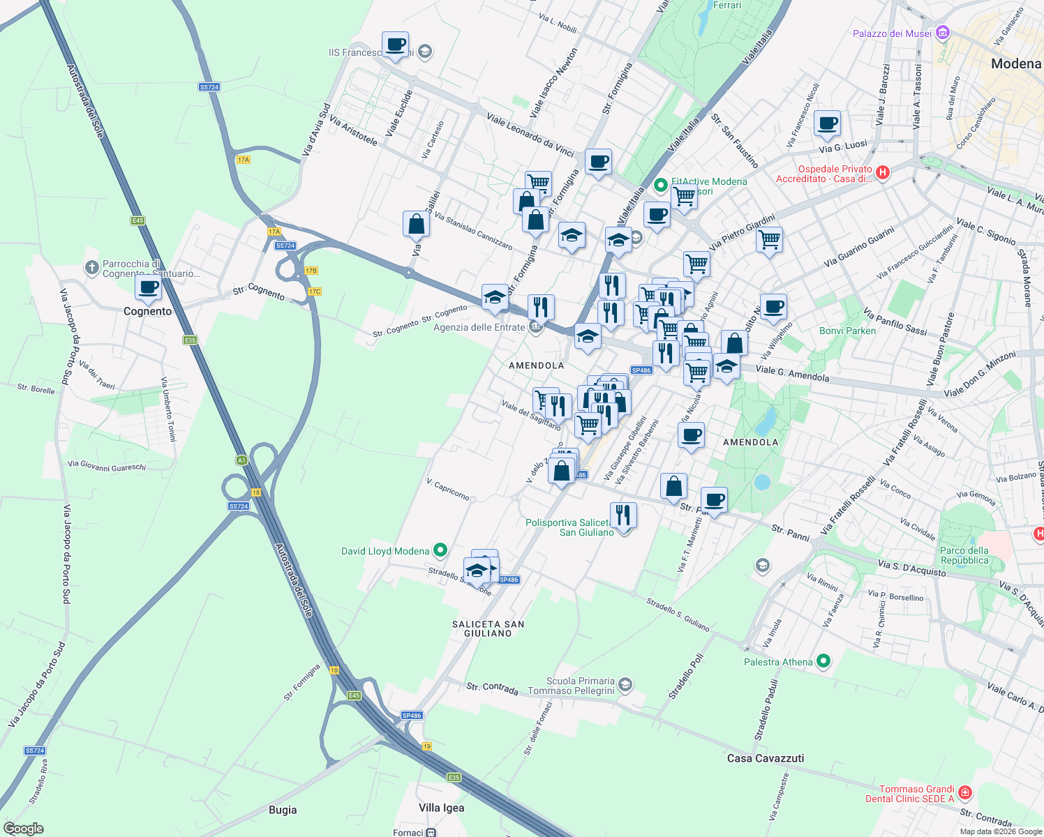 map of restaurants, bars, coffee shops, grocery stores, and more near 234 Traversa a - b - e - f - G. Sagittario in Modena