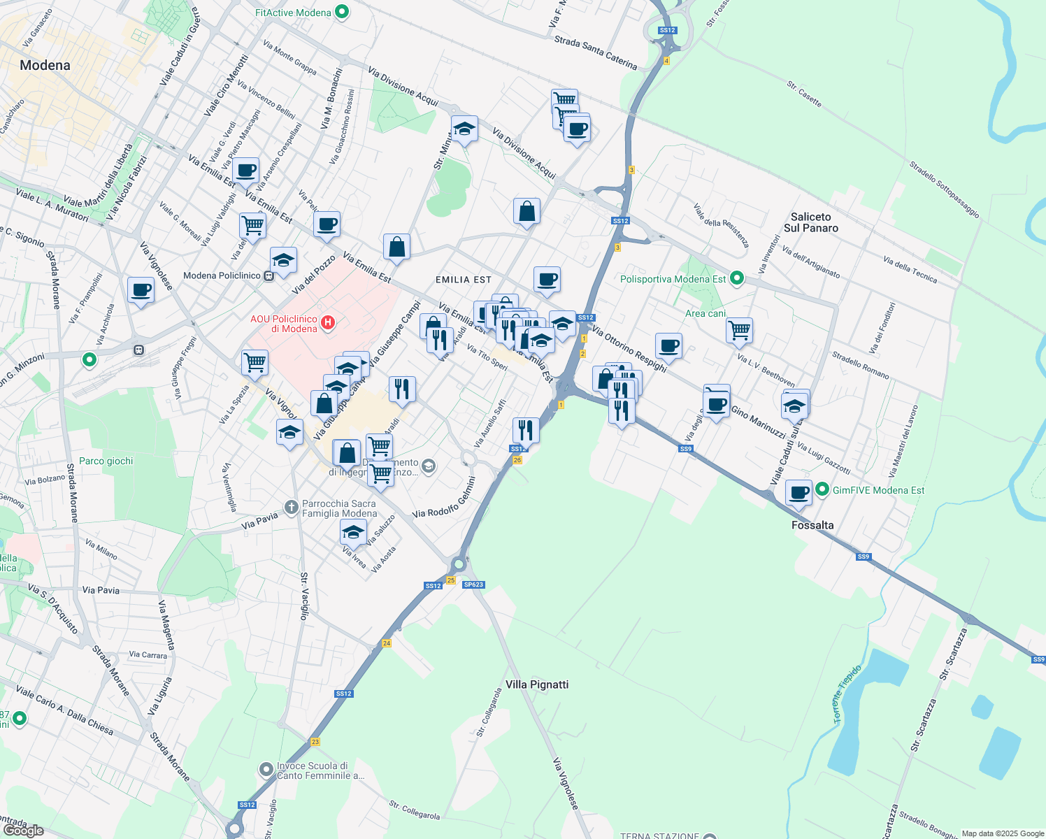 map of restaurants, bars, coffee shops, grocery stores, and more near 110-128 Via Nuova Estense in Modena