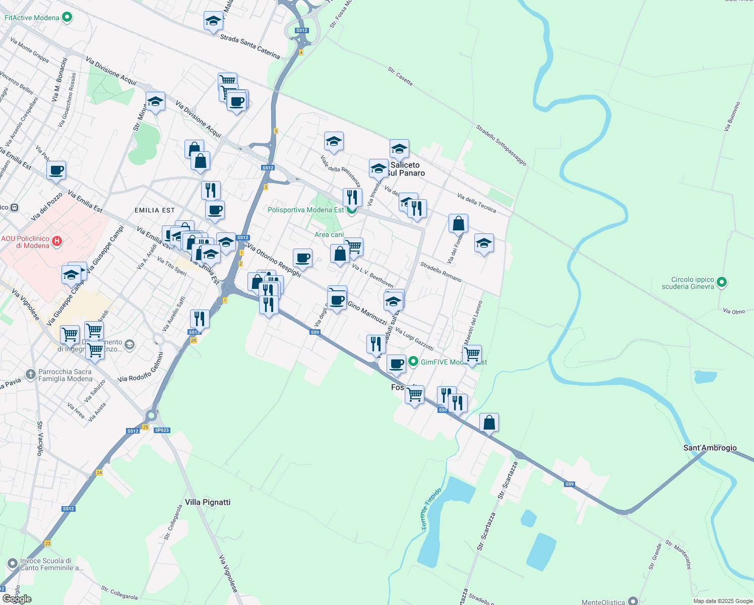 map of restaurants, bars, coffee shops, grocery stores, and more near 34 Via J.S. Bach in Modena