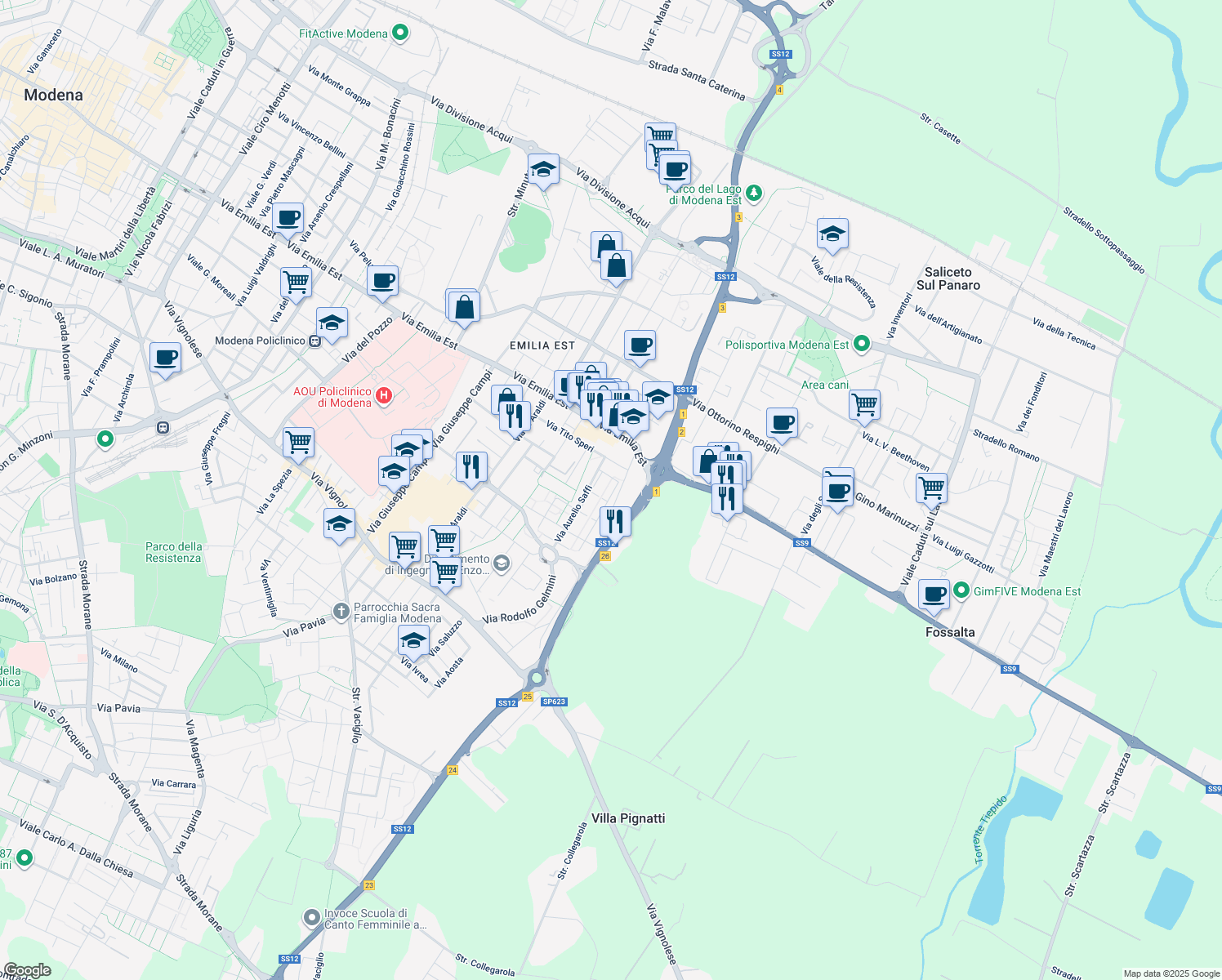 map of restaurants, bars, coffee shops, grocery stores, and more near 10 Via Vittoria Nenni in Modena