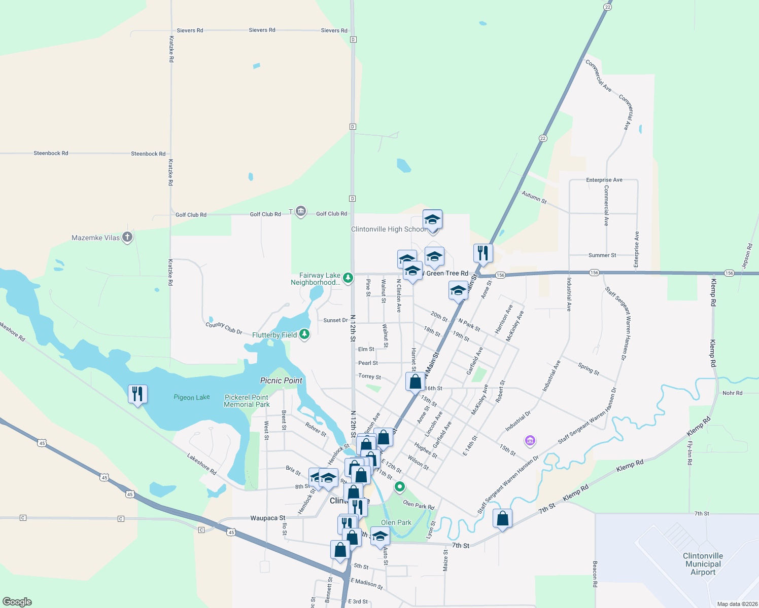 map of restaurants, bars, coffee shops, grocery stores, and more near 205 Walnut St in Clintonville