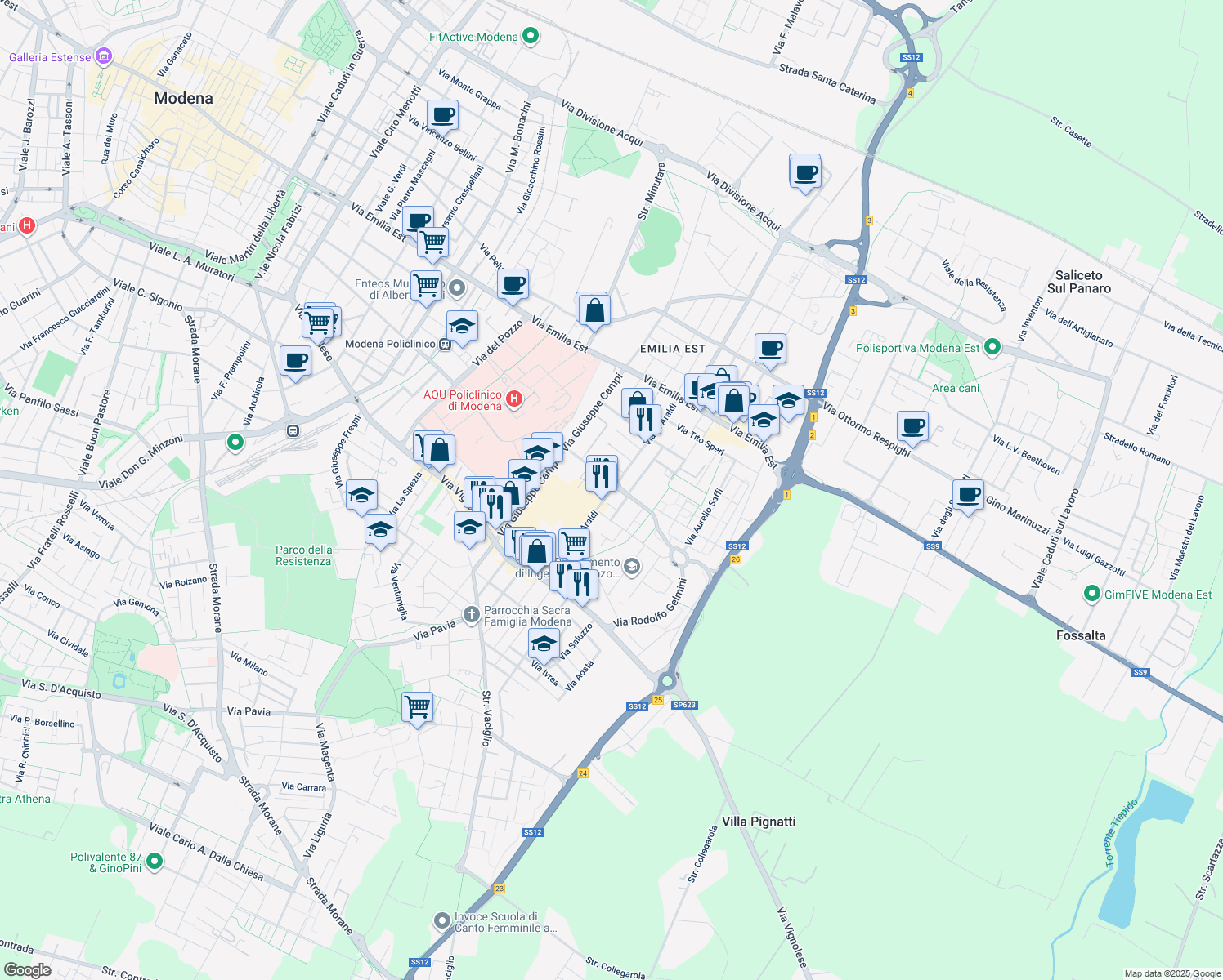 map of restaurants, bars, coffee shops, grocery stores, and more near 24 Via Ennio Carando in Modena