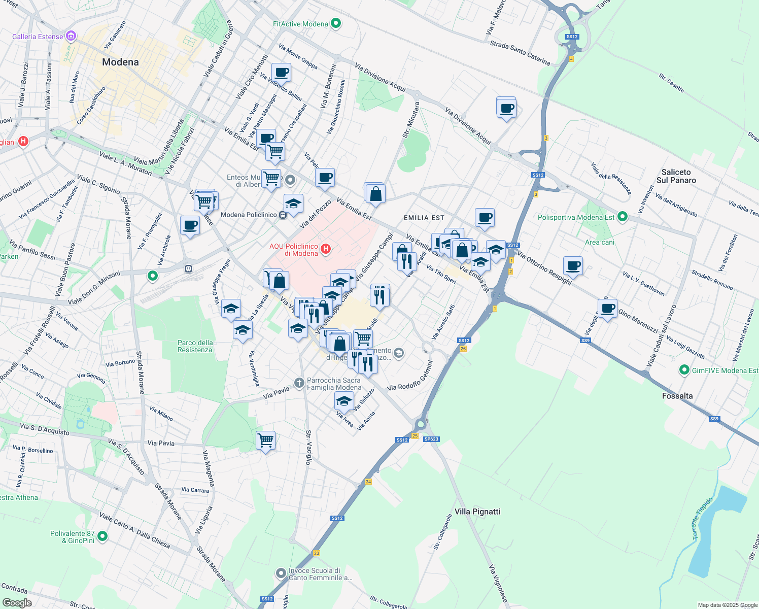 map of restaurants, bars, coffee shops, grocery stores, and more near 24 Via Ennio Carando in Modena