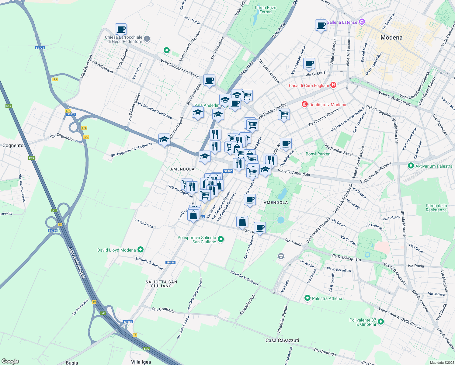 map of restaurants, bars, coffee shops, grocery stores, and more near 214 Via Giotto in Modena