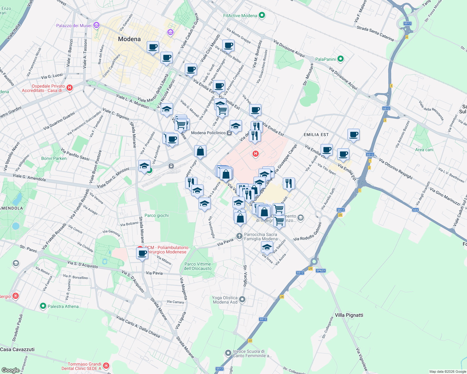 map of restaurants, bars, coffee shops, grocery stores, and more near 512-526 Via Vignolese in Modena