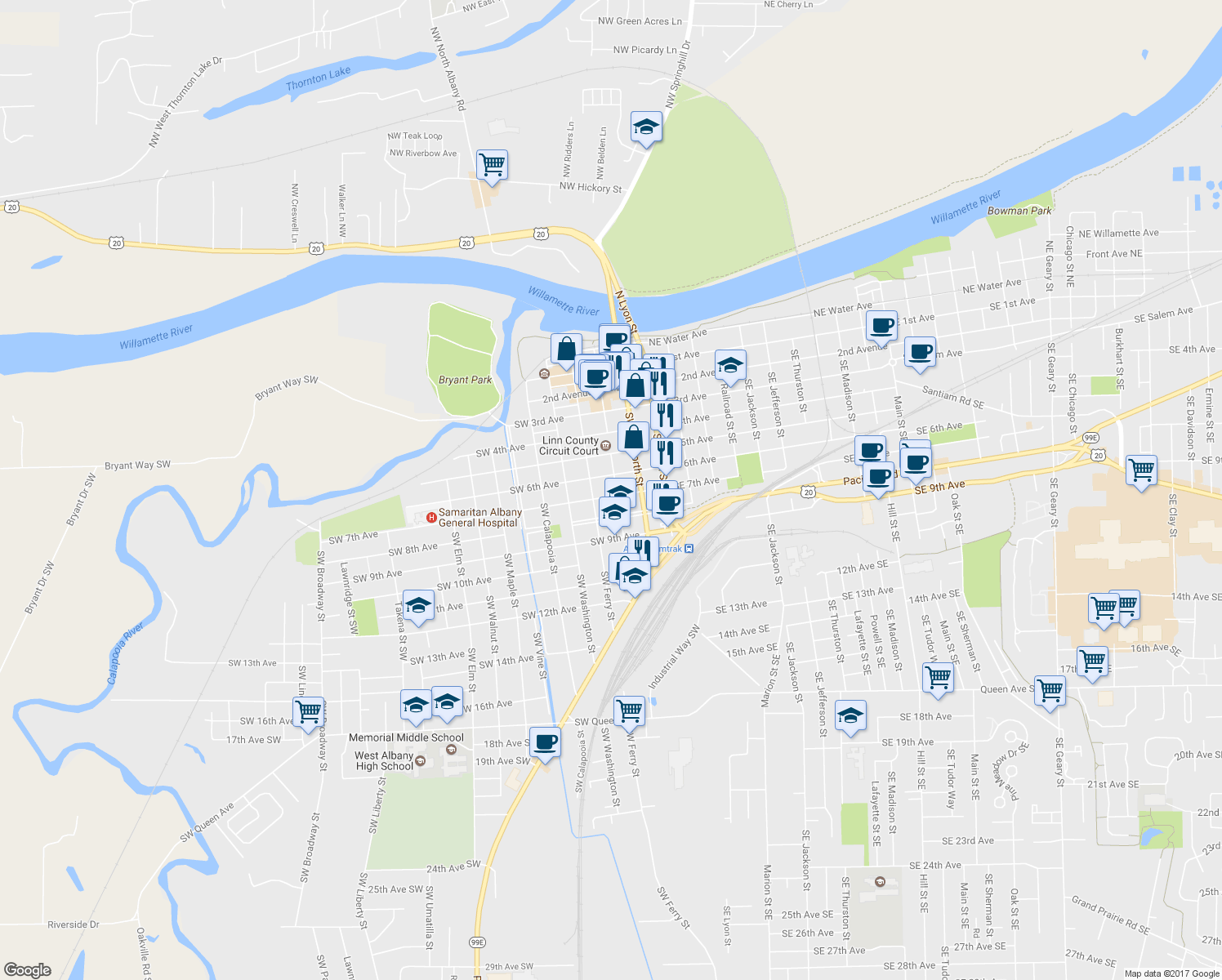 map of restaurants, bars, coffee shops, grocery stores, and more near 624 Southwest Broadalbin Street in Albany