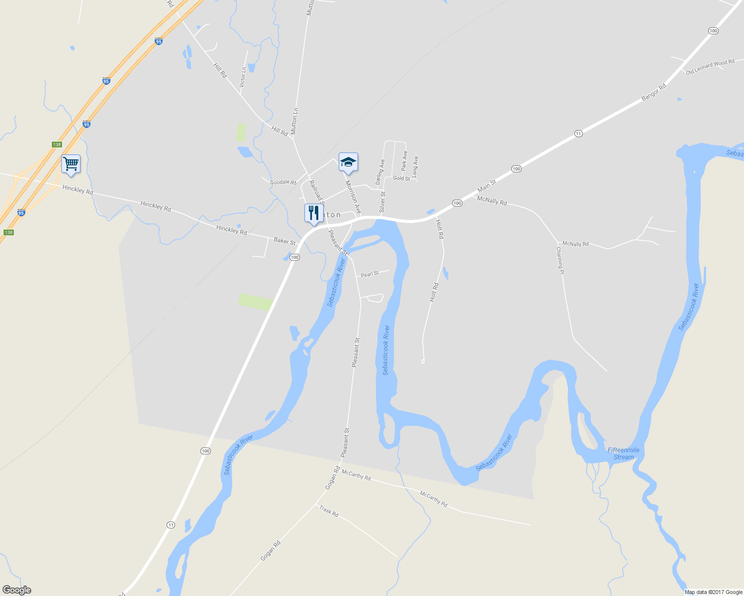 map of restaurants, bars, coffee shops, grocery stores, and more near 28 Sebasticook Drive in Clinton