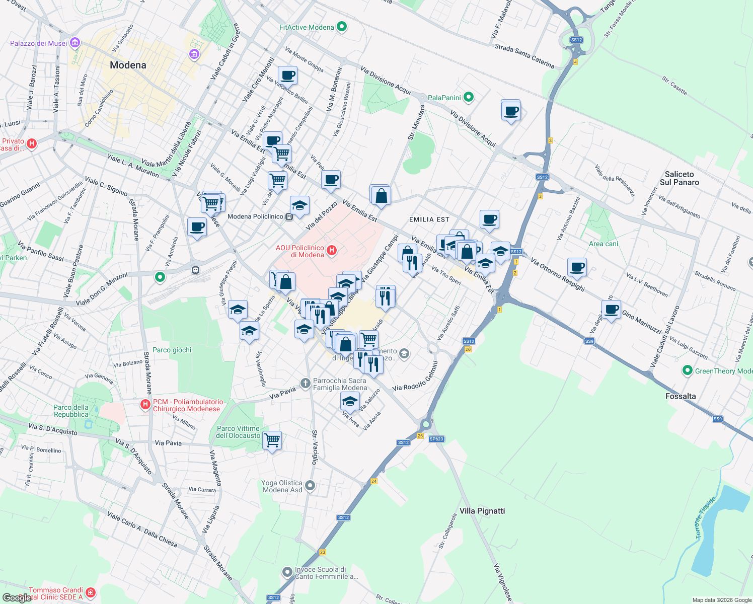 map of restaurants, bars, coffee shops, grocery stores, and more near 24 Via Ennio Carando in Modena