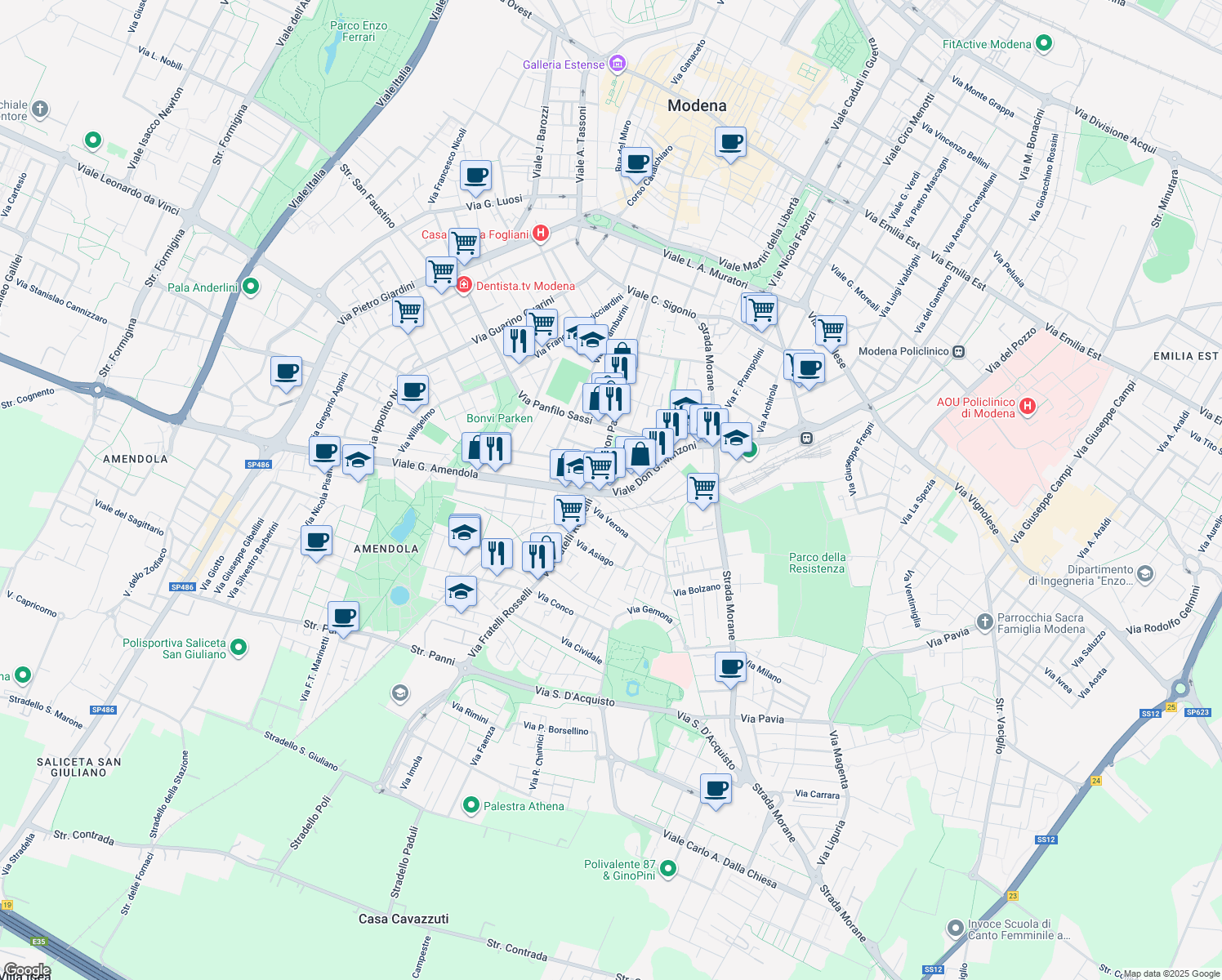 map of restaurants, bars, coffee shops, grocery stores, and more near 6 Viale Don G. Minzoni in Modena
