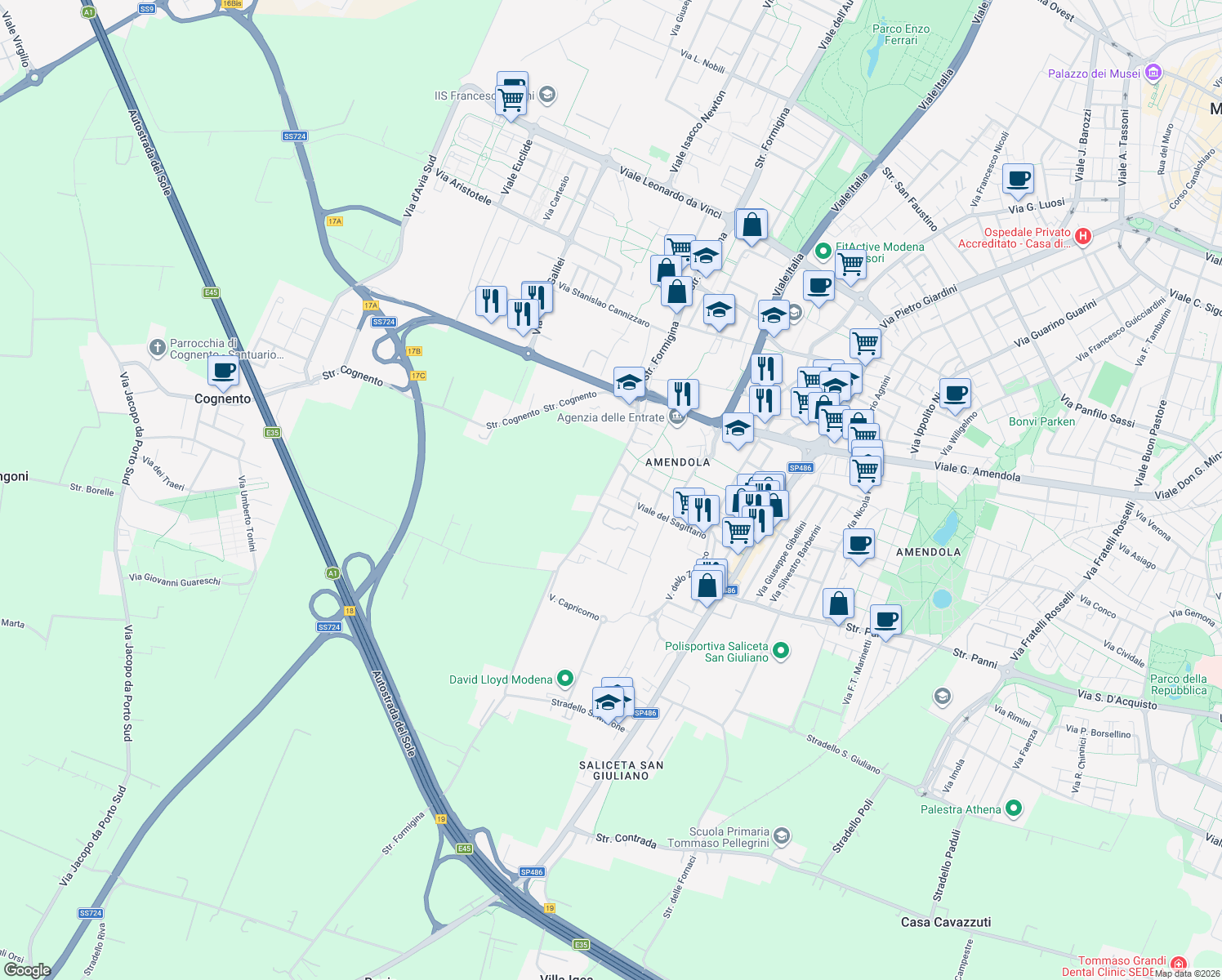map of restaurants, bars, coffee shops, grocery stores, and more near in Modena