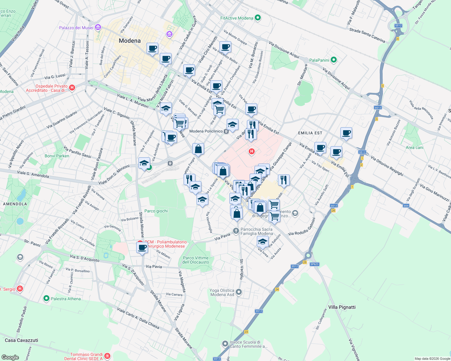 map of restaurants, bars, coffee shops, grocery stores, and more near 526 Via Vignolese in Modena