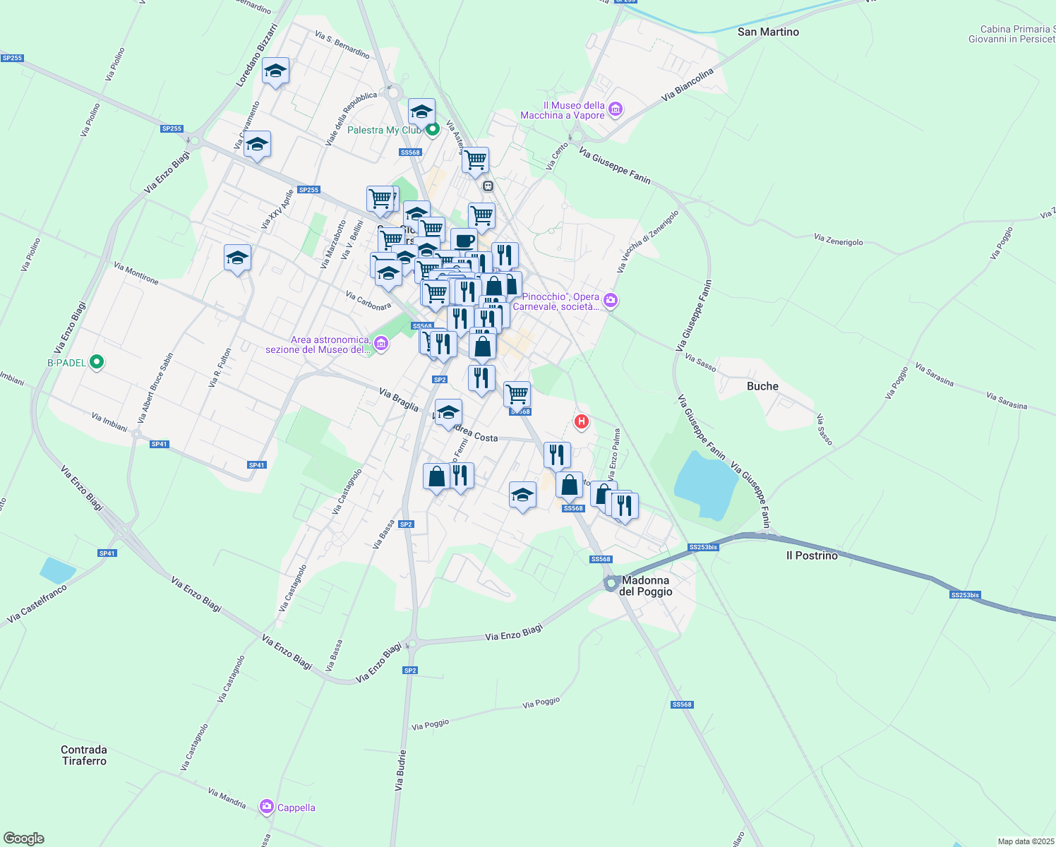 map of restaurants, bars, coffee shops, grocery stores, and more near Via Bologna in San Giovanni in Persiceto