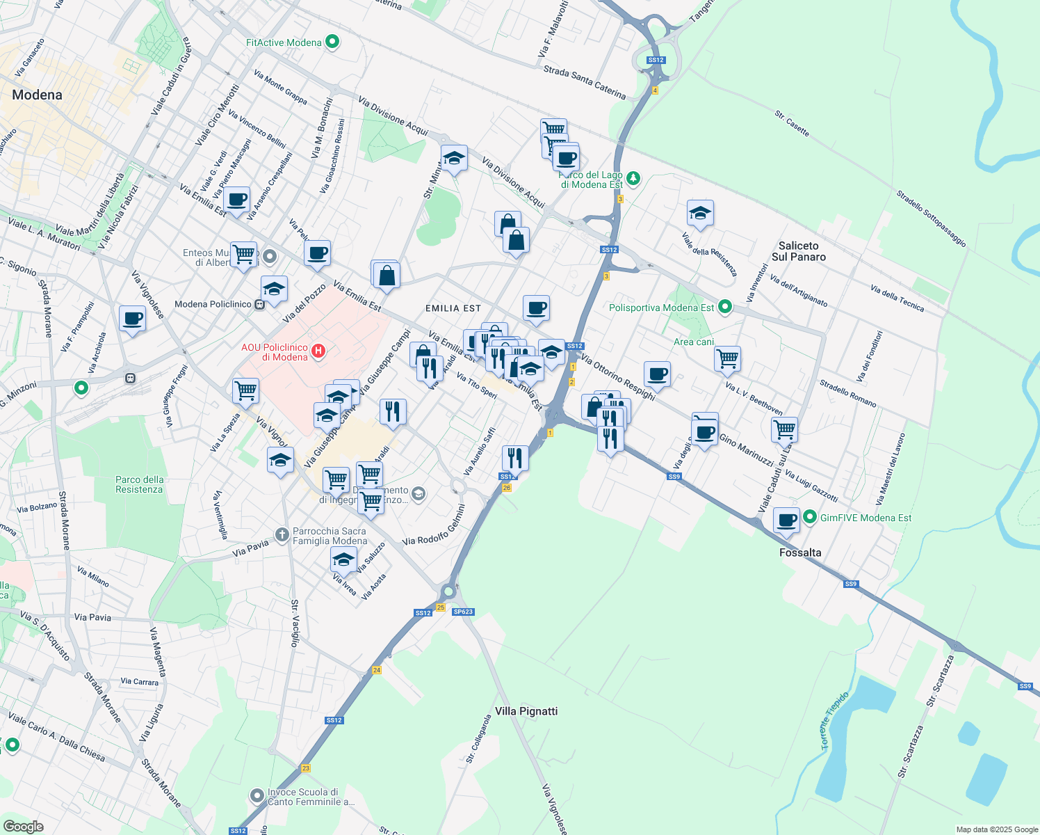 map of restaurants, bars, coffee shops, grocery stores, and more near 10 Via Vittoria Nenni in Modena