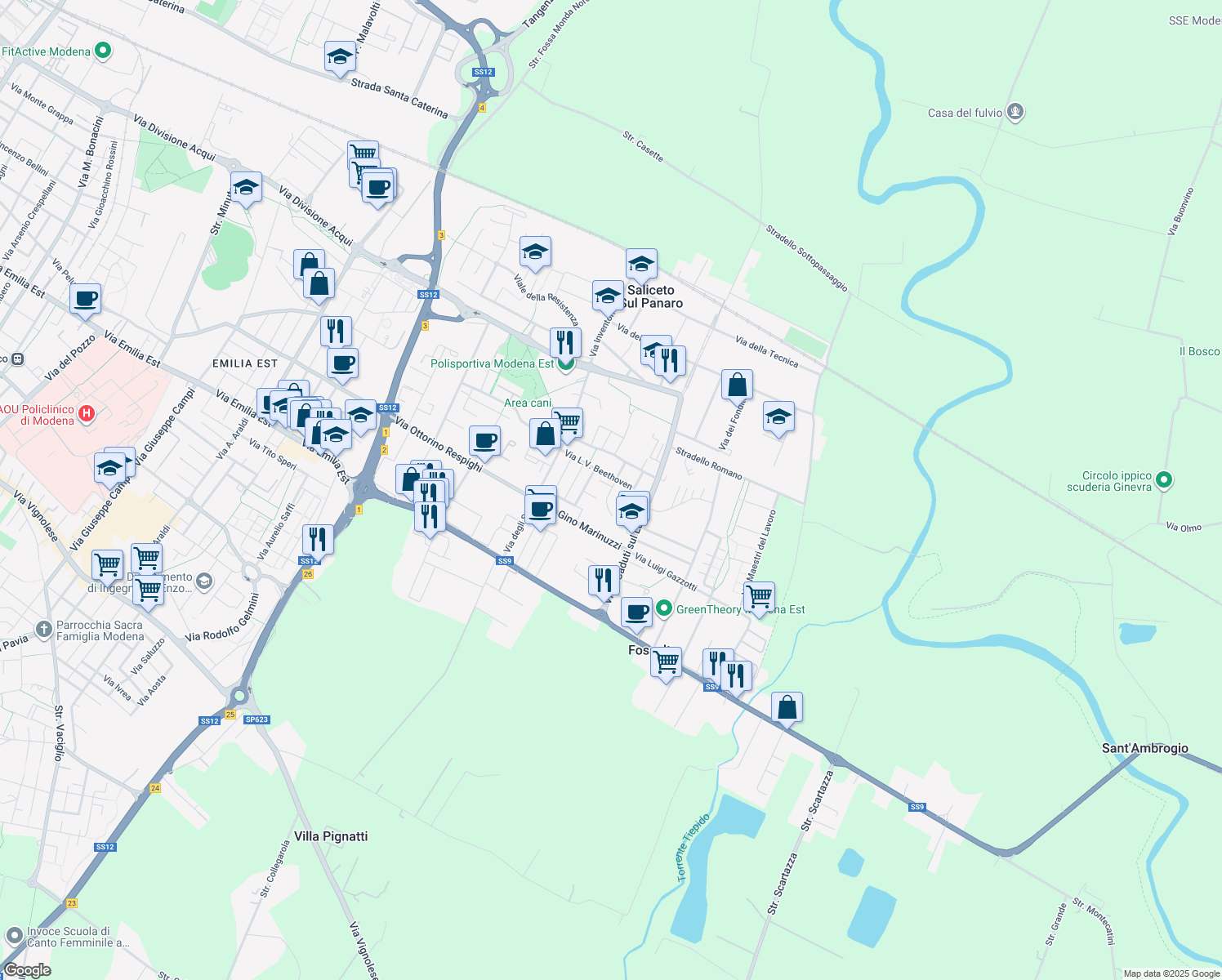 map of restaurants, bars, coffee shops, grocery stores, and more near 12-34 Via Johann Sebastian Bach in Modena