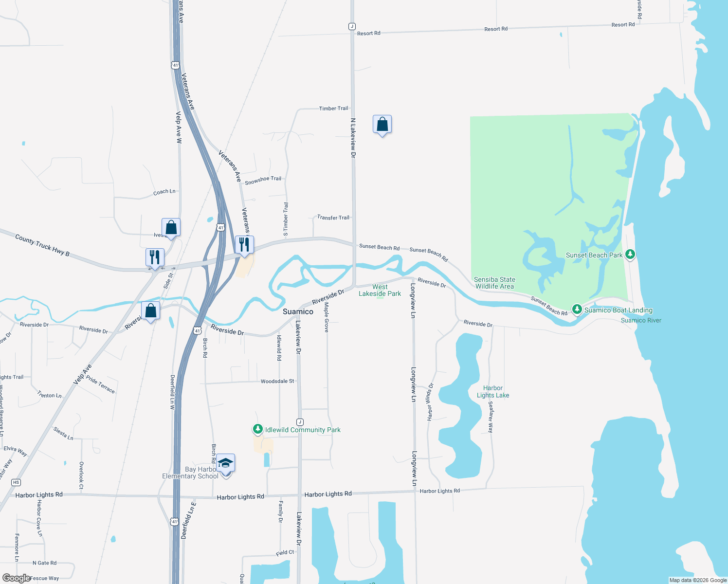 map of restaurants, bars, coffee shops, grocery stores, and more near 1261 Riverside Dr in Suamico