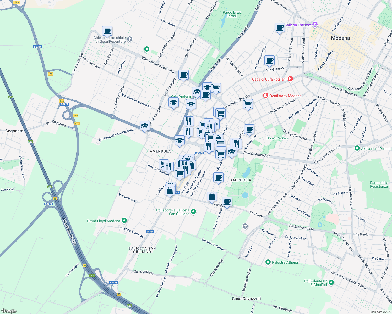 map of restaurants, bars, coffee shops, grocery stores, and more near 214 Via Giotto in Modena