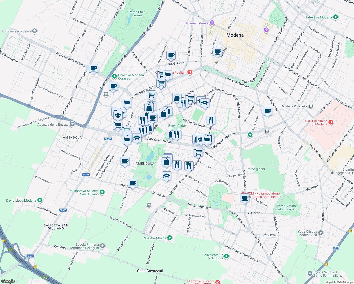 map of restaurants, bars, coffee shops, grocery stores, and more near 98 Via Duccio di Boninsegna in Bologna